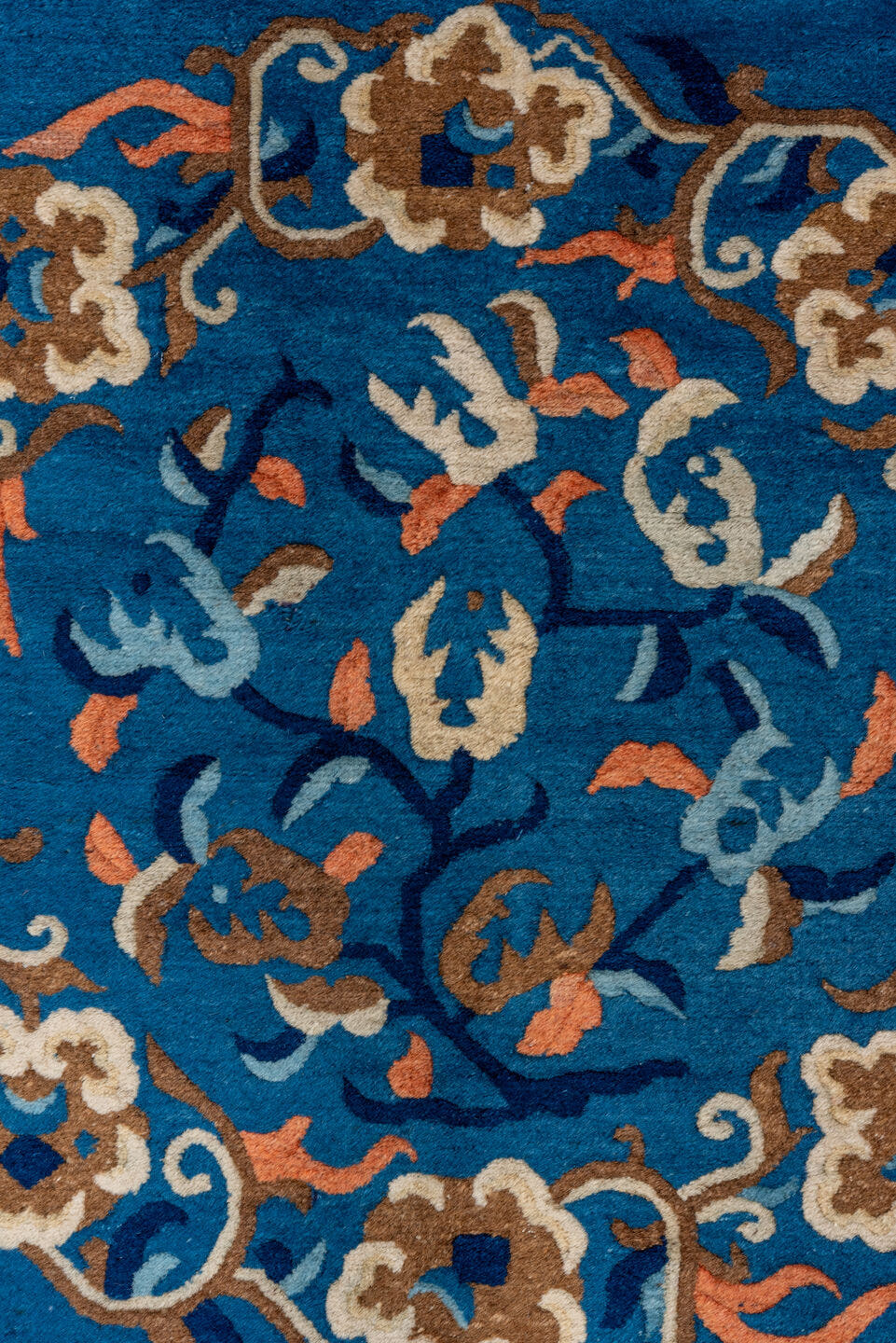 14' x 17' one-of-a-kind handmade antique Chinese oversize rug. Color palette: cobalt, ivory, navy, coral, camel, slate