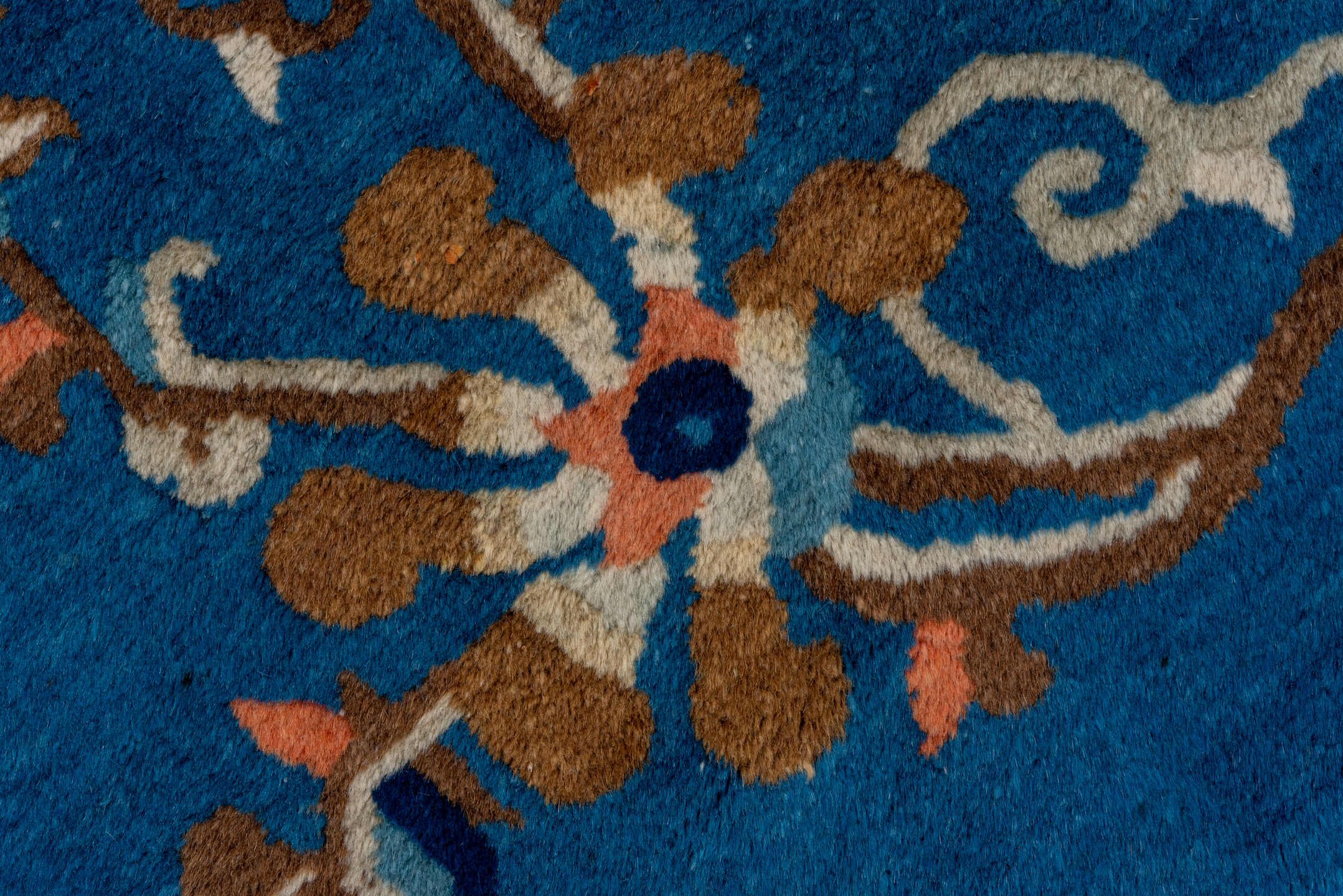 14' x 17' one-of-a-kind handmade antique Chinese oversize rug. Color palette: cobalt, ivory, navy, coral, camel, slate