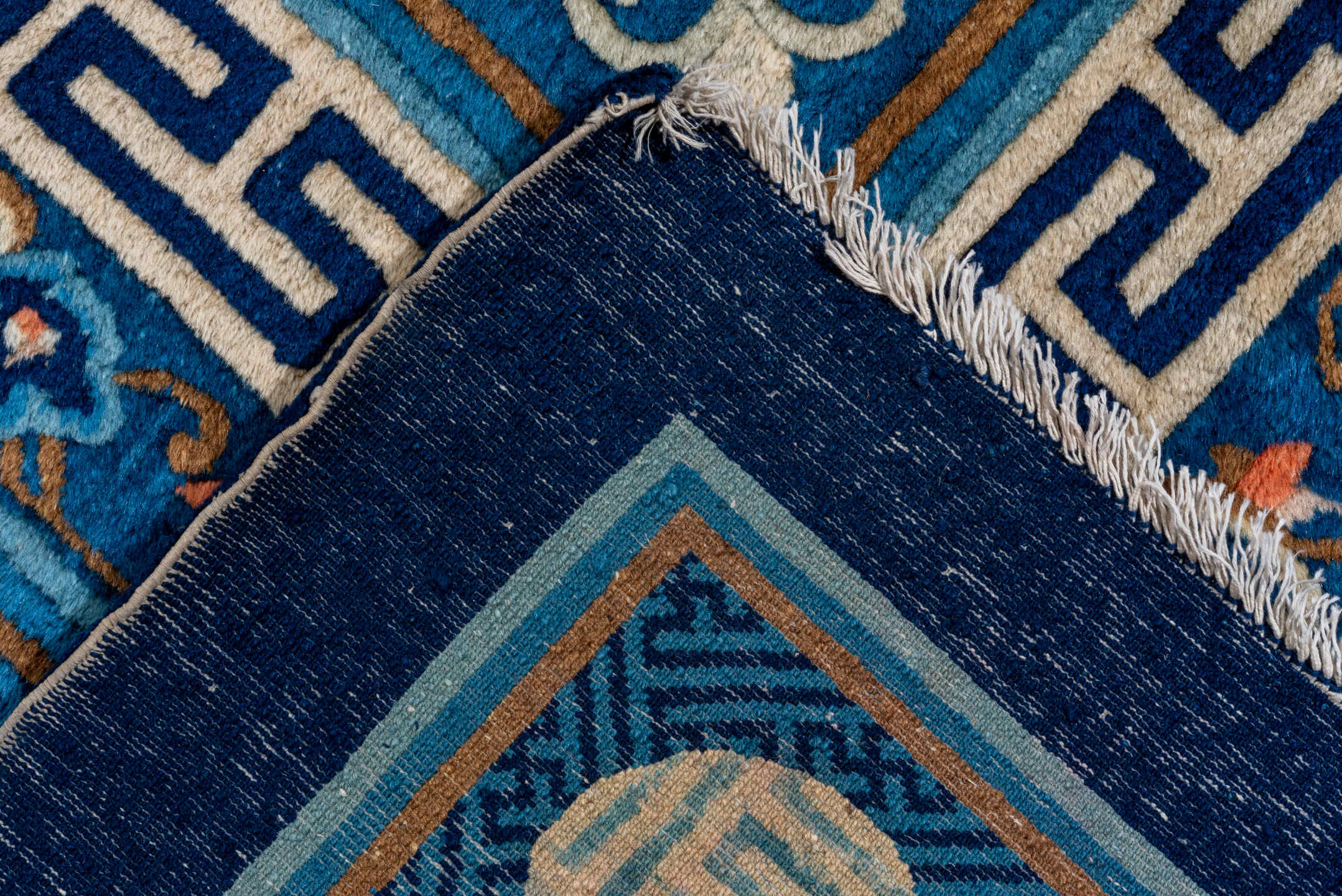 14' x 17' one-of-a-kind handmade antique Chinese oversize rug. Color palette: cobalt, ivory, navy, coral, camel, slate