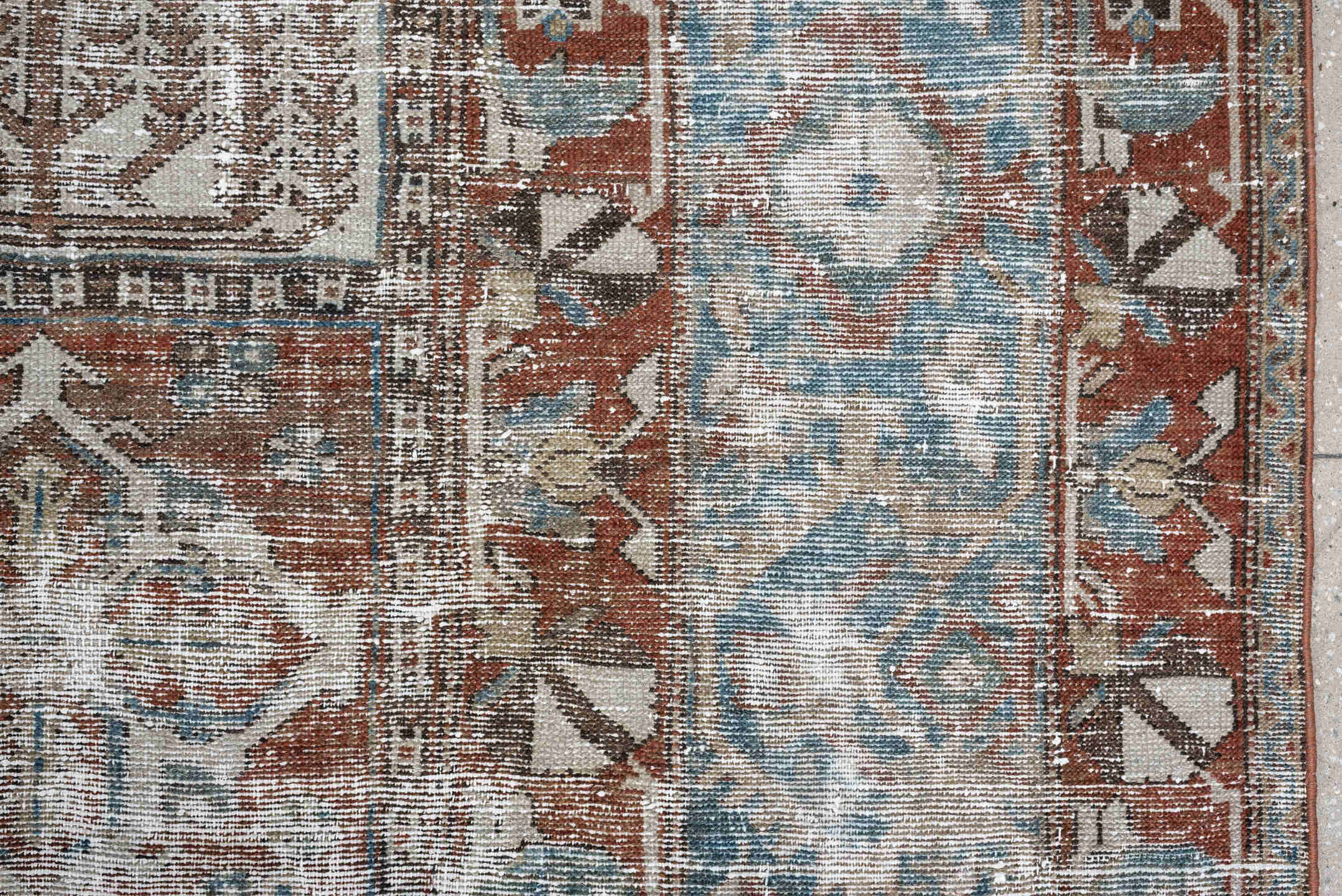 12' x 15' one-of-a-kind handmade antique Baktiary oversize rug. Color palette: sky blue, terracotta, ivory, taupe, slate