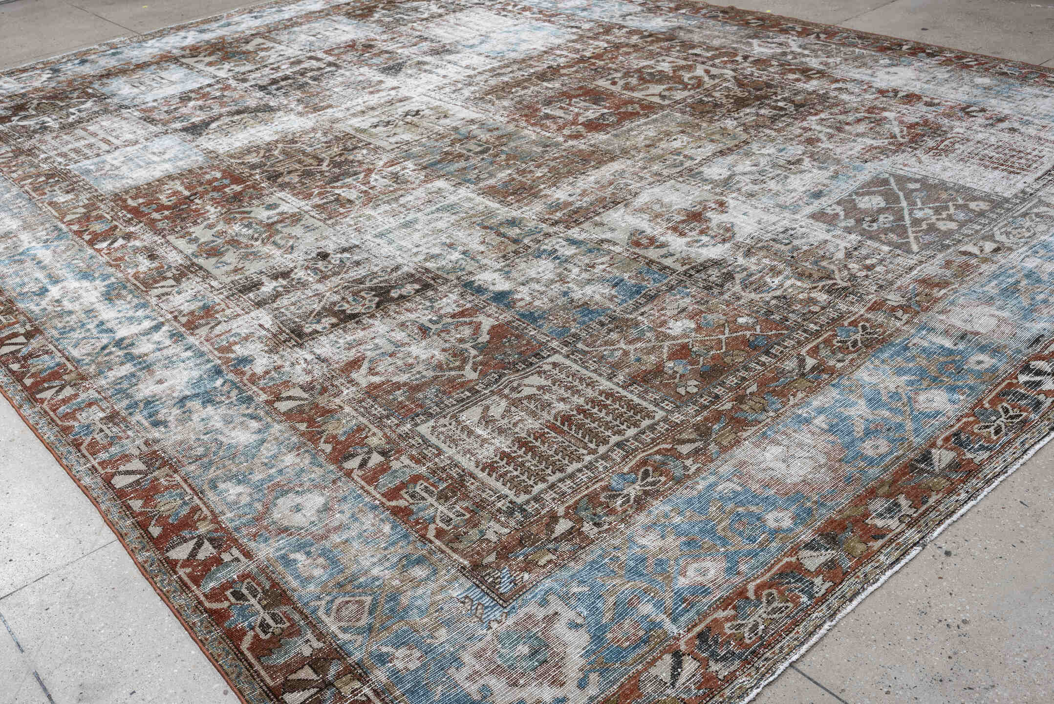 12' x 15' one-of-a-kind handmade antique Baktiary oversize rug. Color palette: sky blue, terracotta, ivory, taupe, slate
