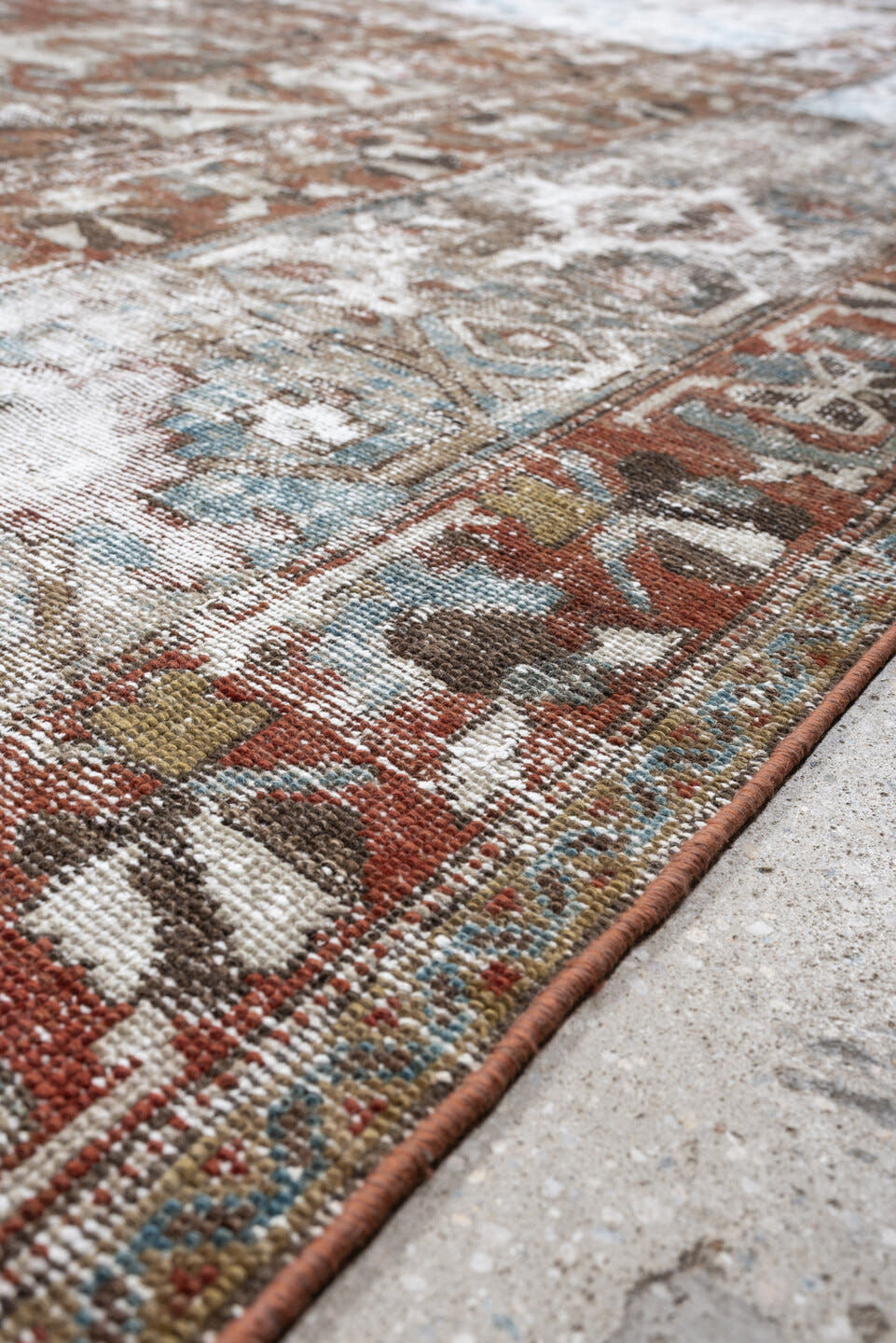 12' x 15' one-of-a-kind handmade antique Baktiary oversize rug. Color palette: sky blue, terracotta, ivory, taupe, slate
