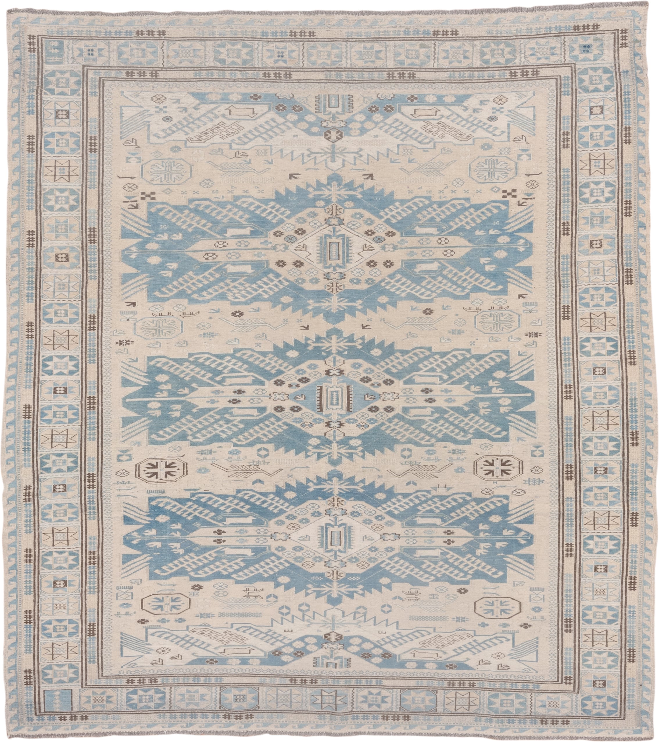 7' x 7' one-of-a-kind handmade vintage Sumak rug. Color palette: ivory, sky blue, taupe, brown, light blue, beige, gray