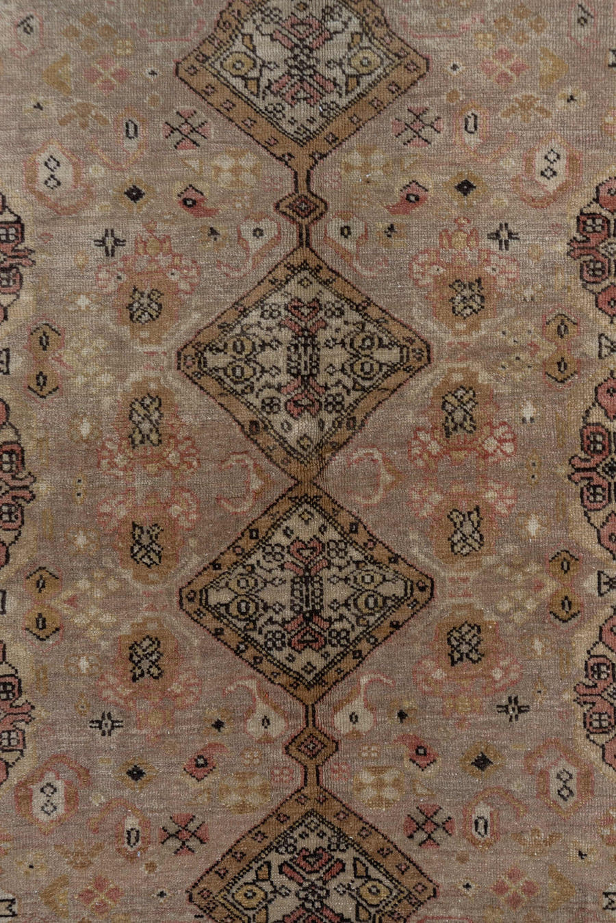 5' x 7' one-of-a-kind handmade vintage Oushak rug. Color palette: beige, rose, taupe, brown, ivory, rust, charcoal, gold