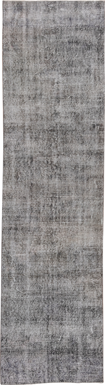 2' x 10' one-of-a-kind handmade vintage Overdyed runner rug. Color palette: black, charcoal, dark gray, dim gray, gray