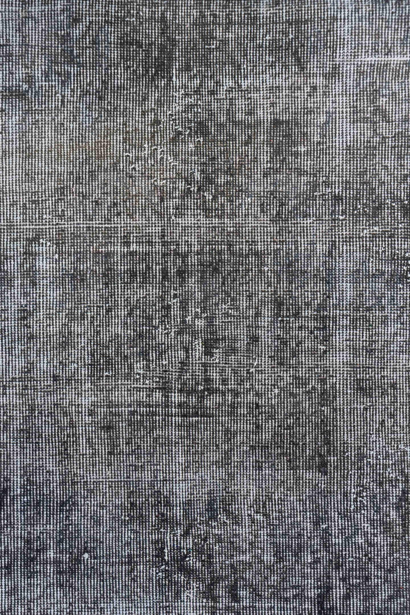2' x 10' one-of-a-kind handmade vintage Overdyed runner rug. Color palette: gray, charcoal, ivory, taupe, black, beige