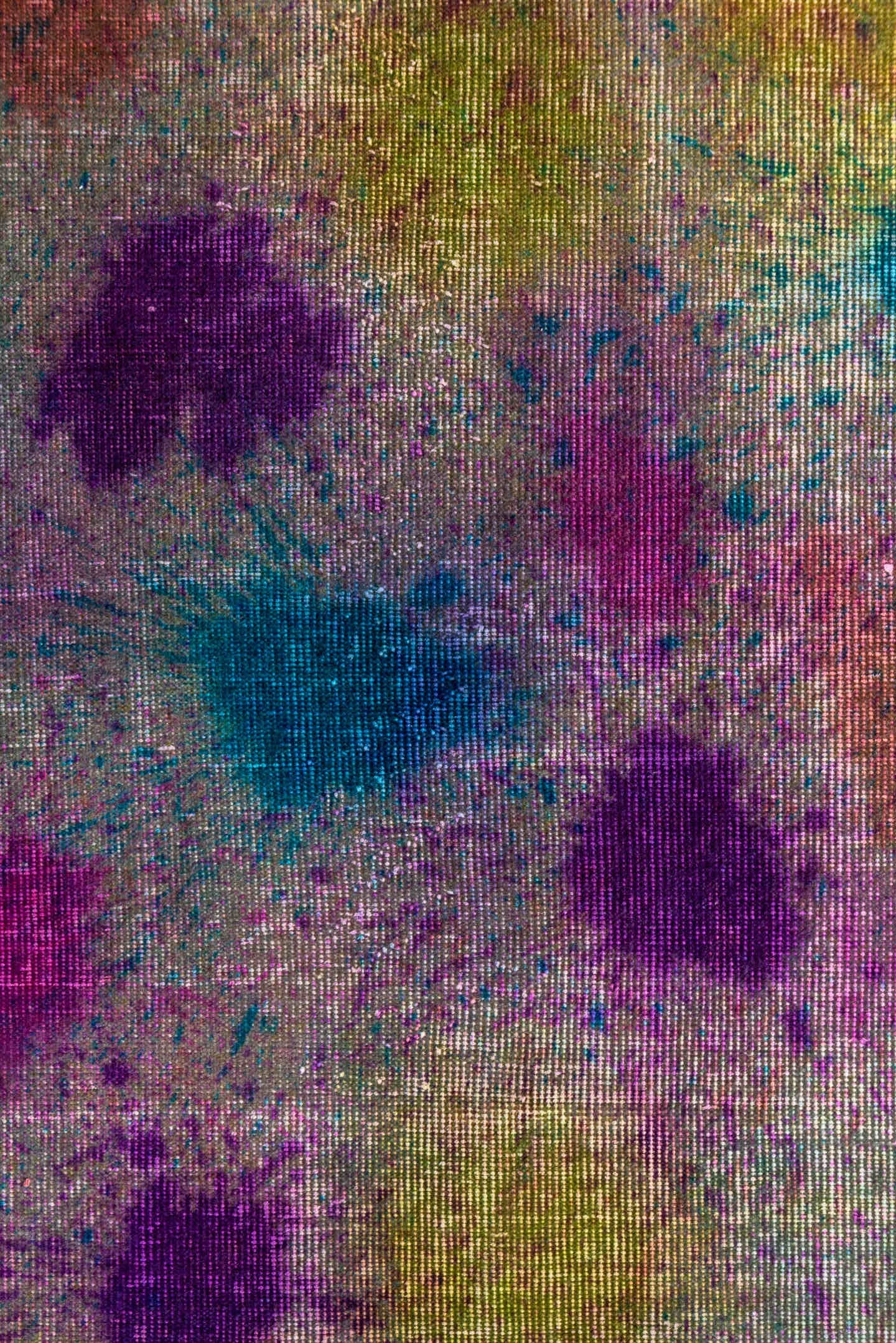 3' x 10' one-of-a-kind handmade vintage Overdyed runner rug. Color palette: ivory, violet, magenta, turquoise, gold