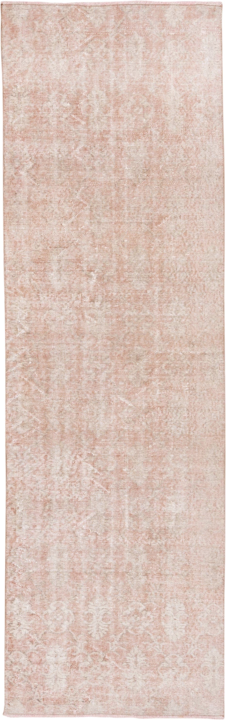 2' x 9' one-of-a-kind handmade vintage Oushak runner rug. Color palette: blush, ivory, cream, rose, pink, red