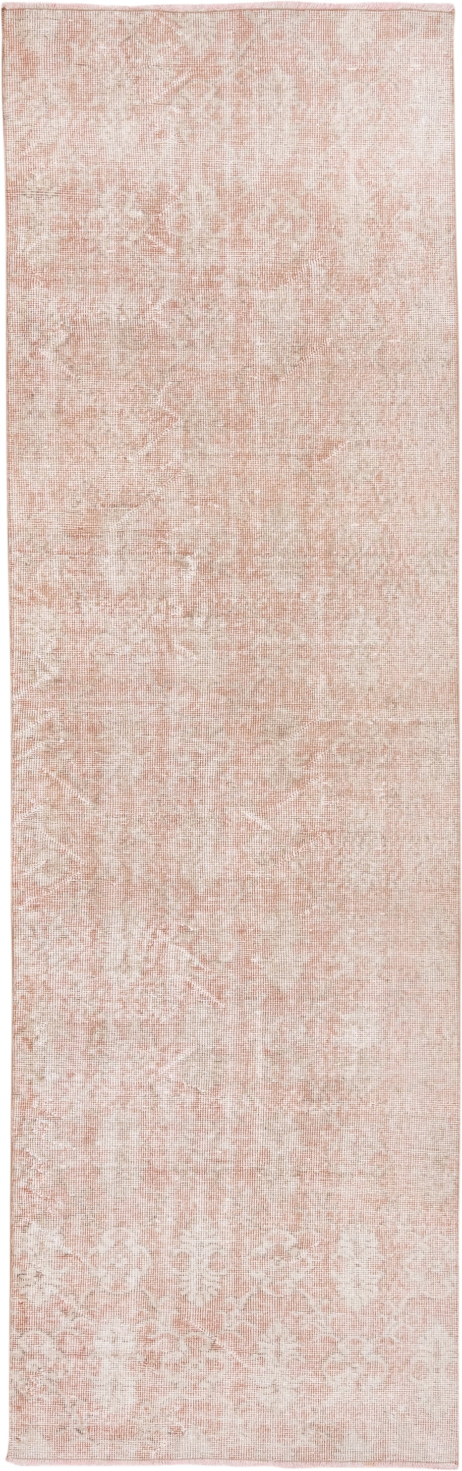 2' x 9' one-of-a-kind handmade vintage Oushak runner rug. Color palette: blush, ivory, cream, rose, pink, red