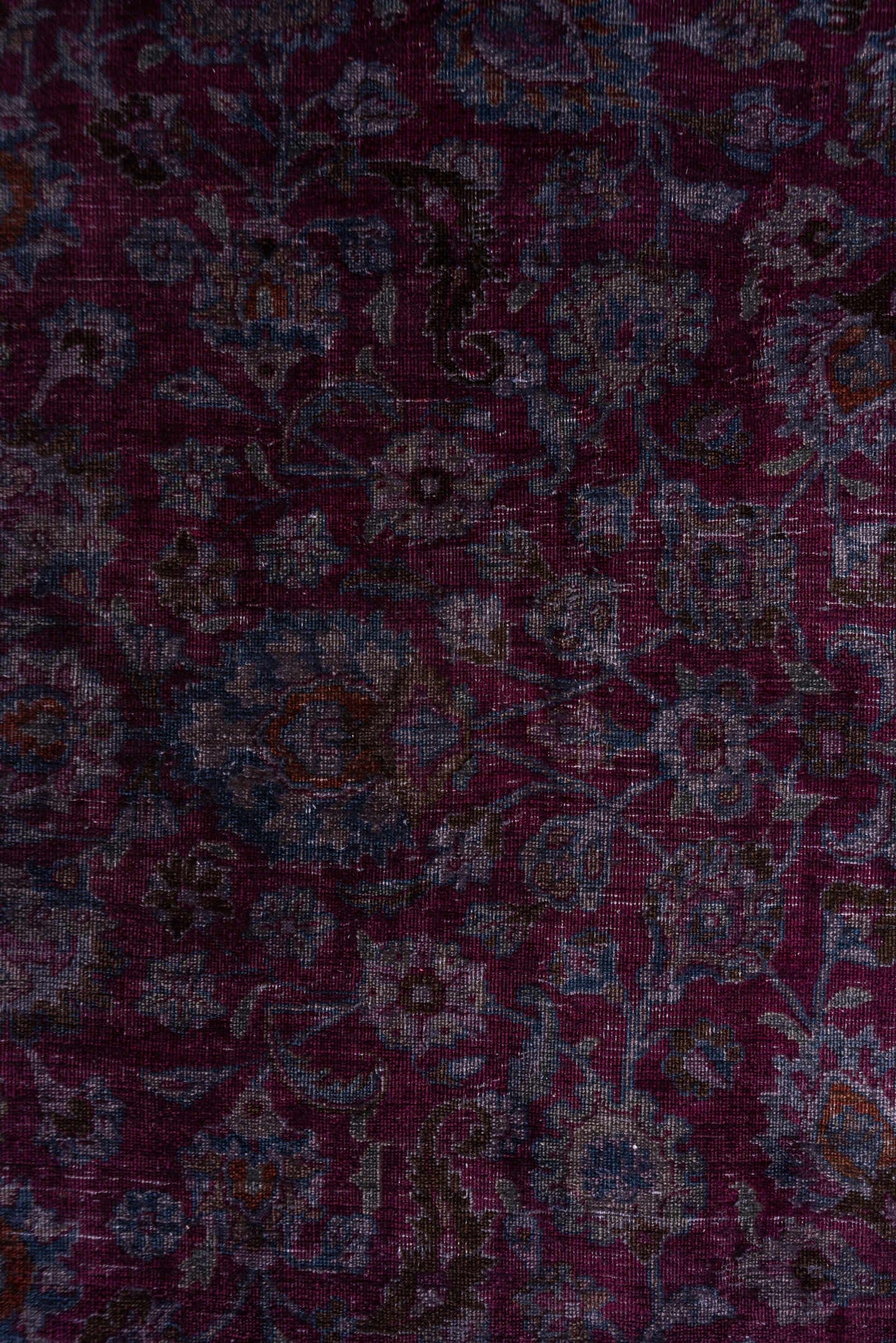 2' x 12' one-of-a-kind handmade vintage Overdyed runner rug. Color palette: magenta, plum, lavender, slate, burgundy