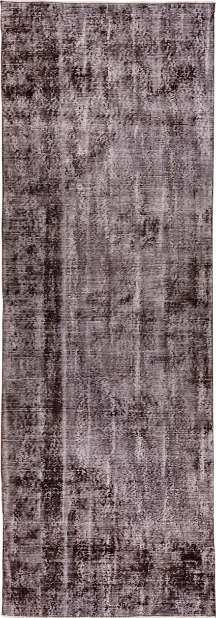 3' x 9' one-of-a-kind handmade vintage Overdyed runner rug. Color palette: gray, light gray, off-white, pink, silver