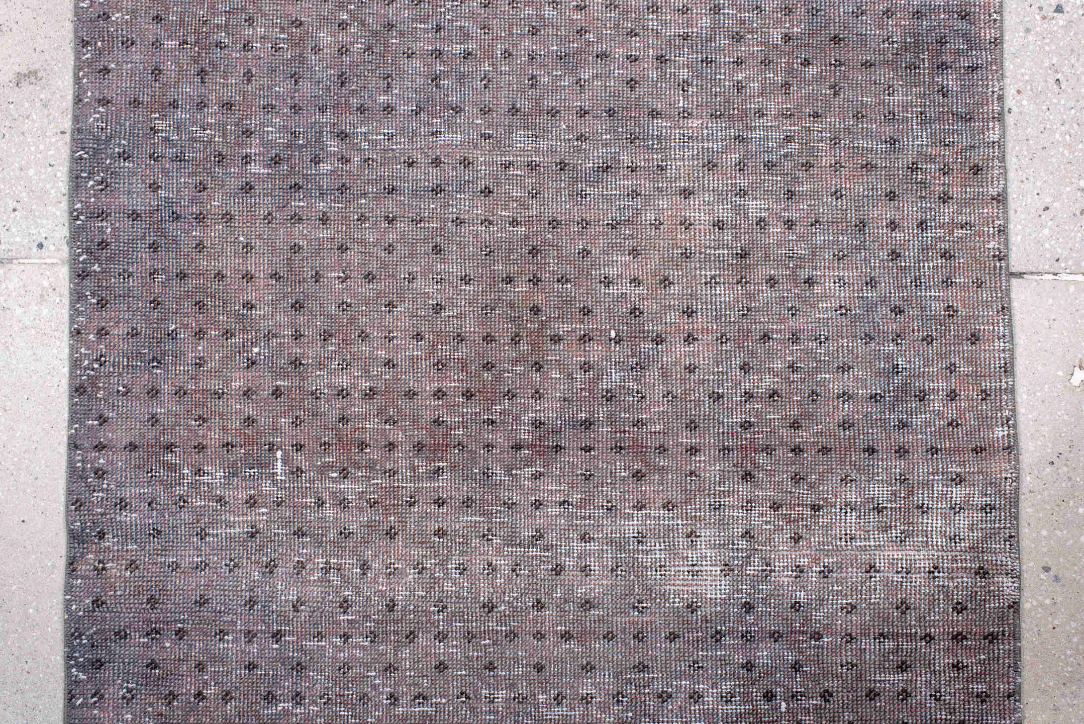 2' x 8' one-of-a-kind handmade vintage Overdyed runner rug. Color palette: brown, gray, light gray, off-white, pink, snow