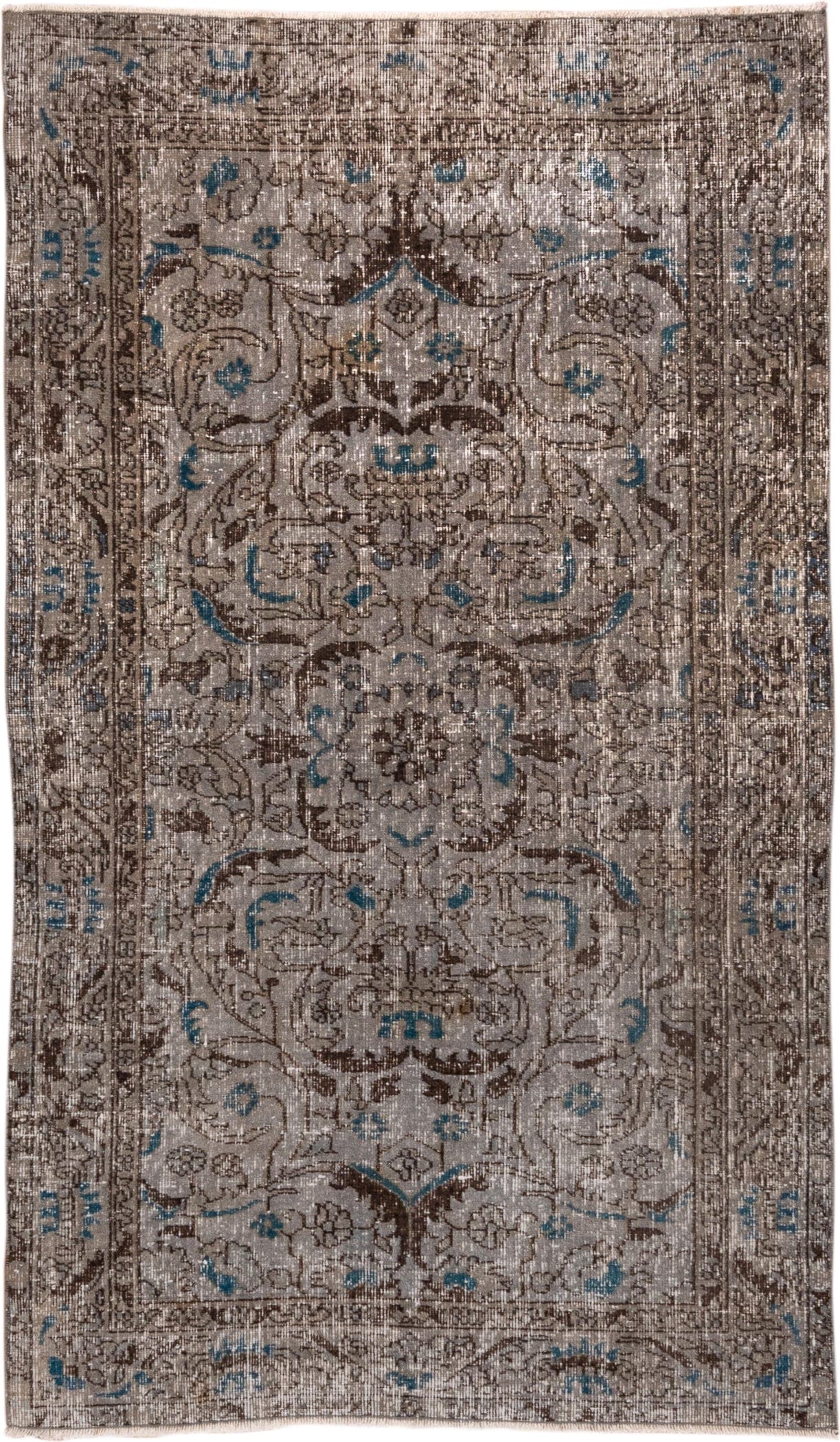 3' x 6' one-of-a-kind handmade vintage Overdyed small size rug. Color palette: taupe, brown, ivory, blue, charcoal, beige