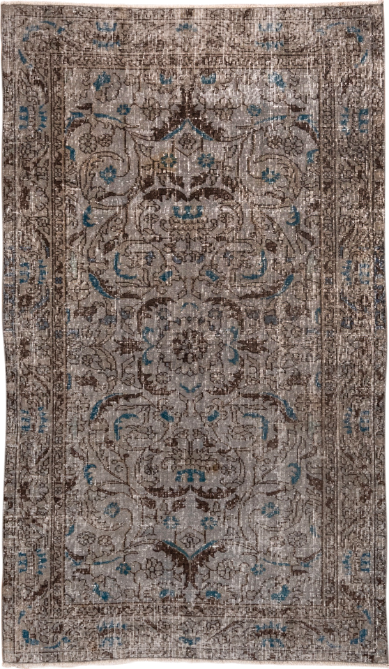 3' x 6' one-of-a-kind handmade vintage Overdyed small size rug. Color palette: taupe, brown, ivory, blue, charcoal, beige