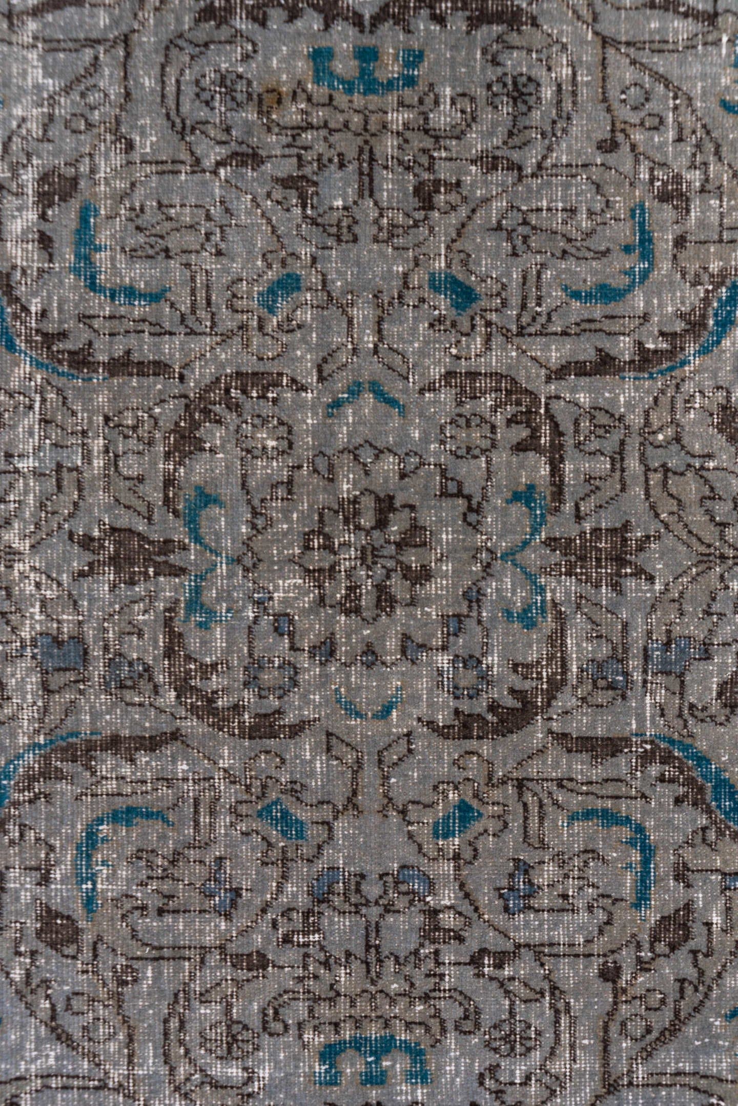 3' x 6' one-of-a-kind handmade vintage Overdyed small size rug. Color palette: taupe, brown, ivory, blue, charcoal, beige