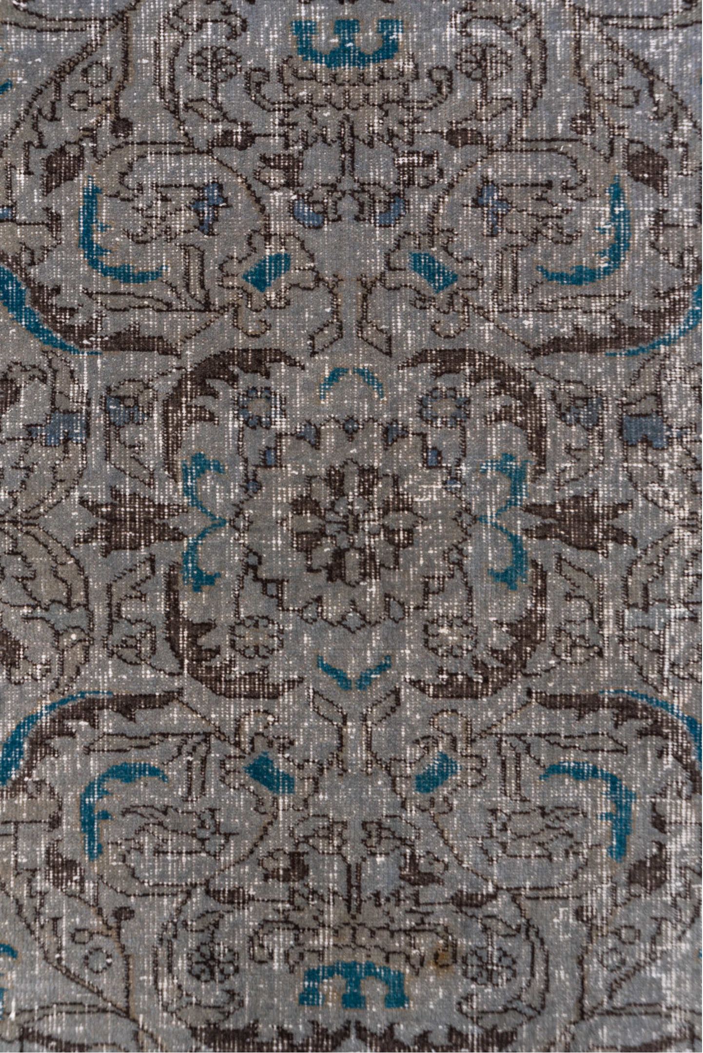 3' x 6' one-of-a-kind handmade vintage Overdyed small size rug. Color palette: blue, brown, gray, light gray, off-white