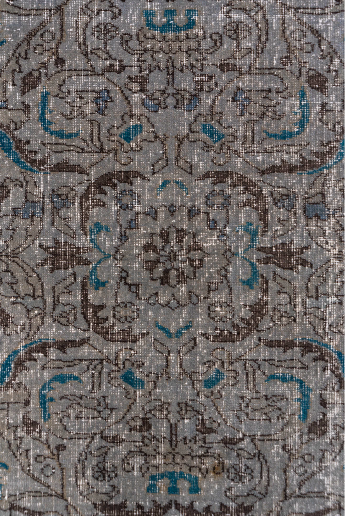 3' x 6' one-of-a-kind handmade vintage Overdyed small size rug. Color palette: taupe, brown, ivory, blue, charcoal, beige