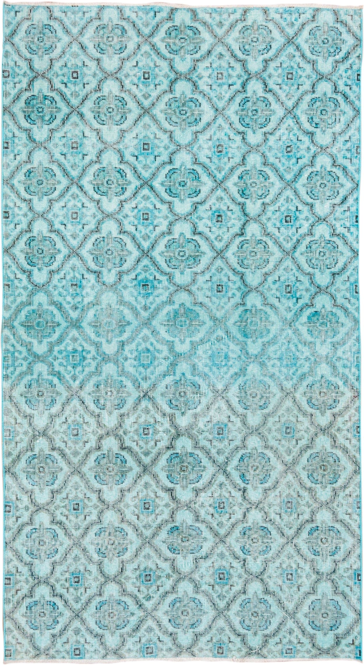 3' x 7' one-of-a-kind handmade vintage Overdyed rug. Color palette: aqua, ivory, teal, silver, charcoal, gray, black