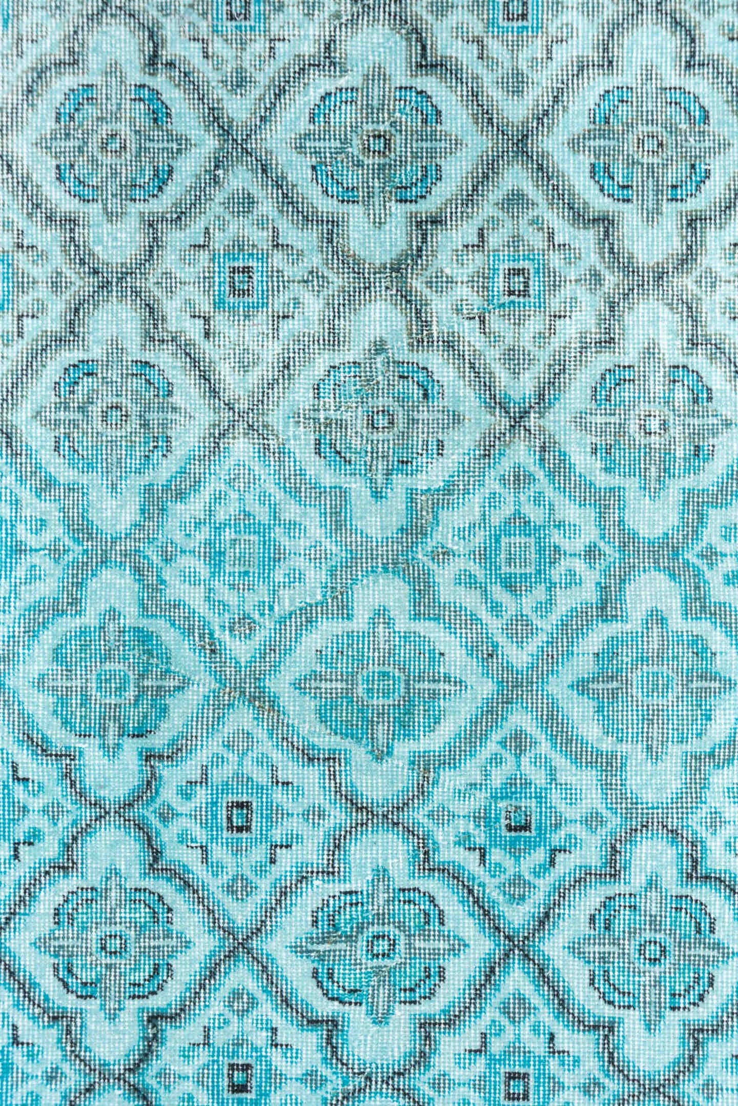 3' x 7' one-of-a-kind handmade vintage Overdyed rug. Color palette: aqua, ivory, teal, silver, charcoal, gray, black