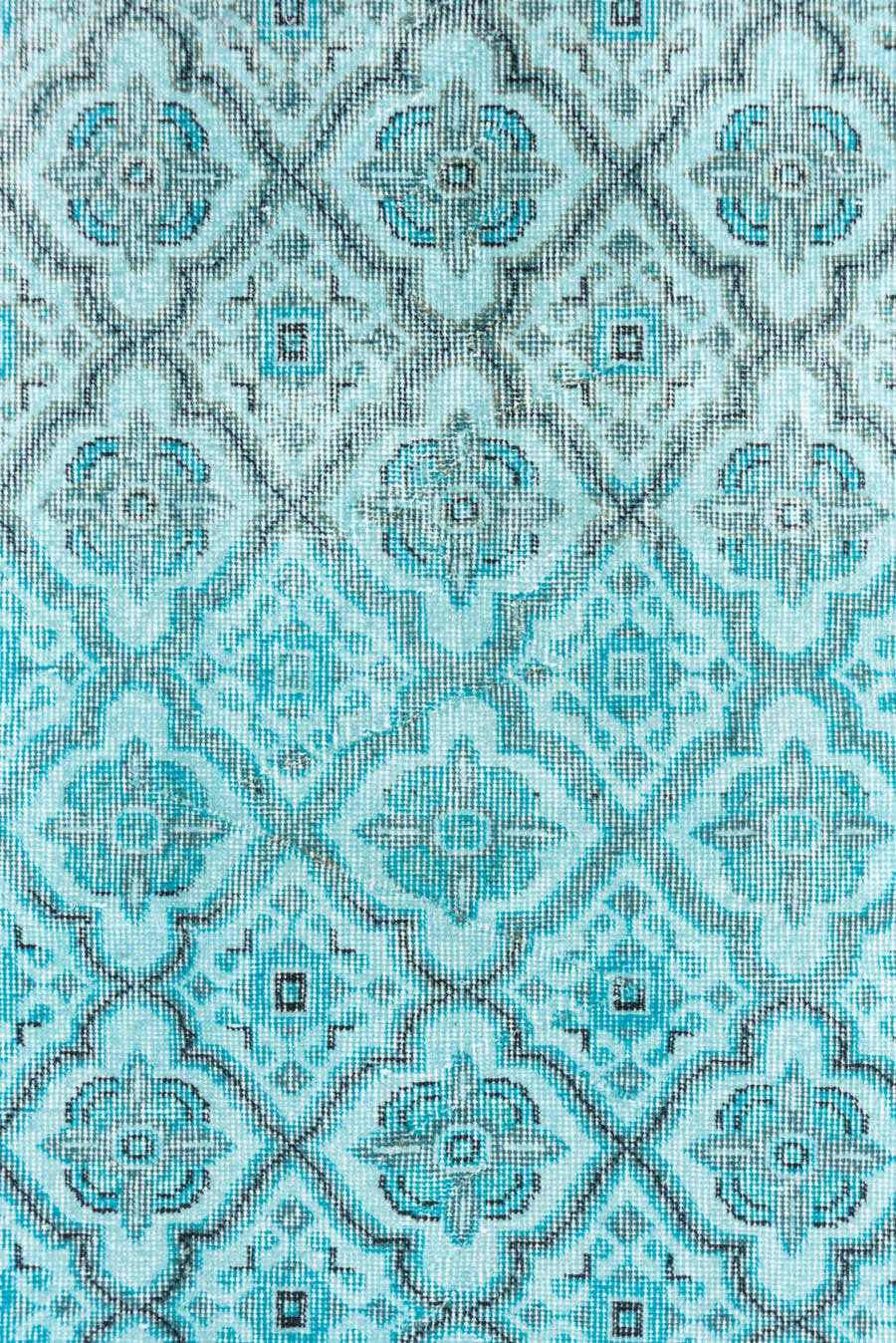 3' x 7' one-of-a-kind handmade vintage Overdyed rug. Color palette: aqua, ivory, teal, silver, charcoal, gray, black