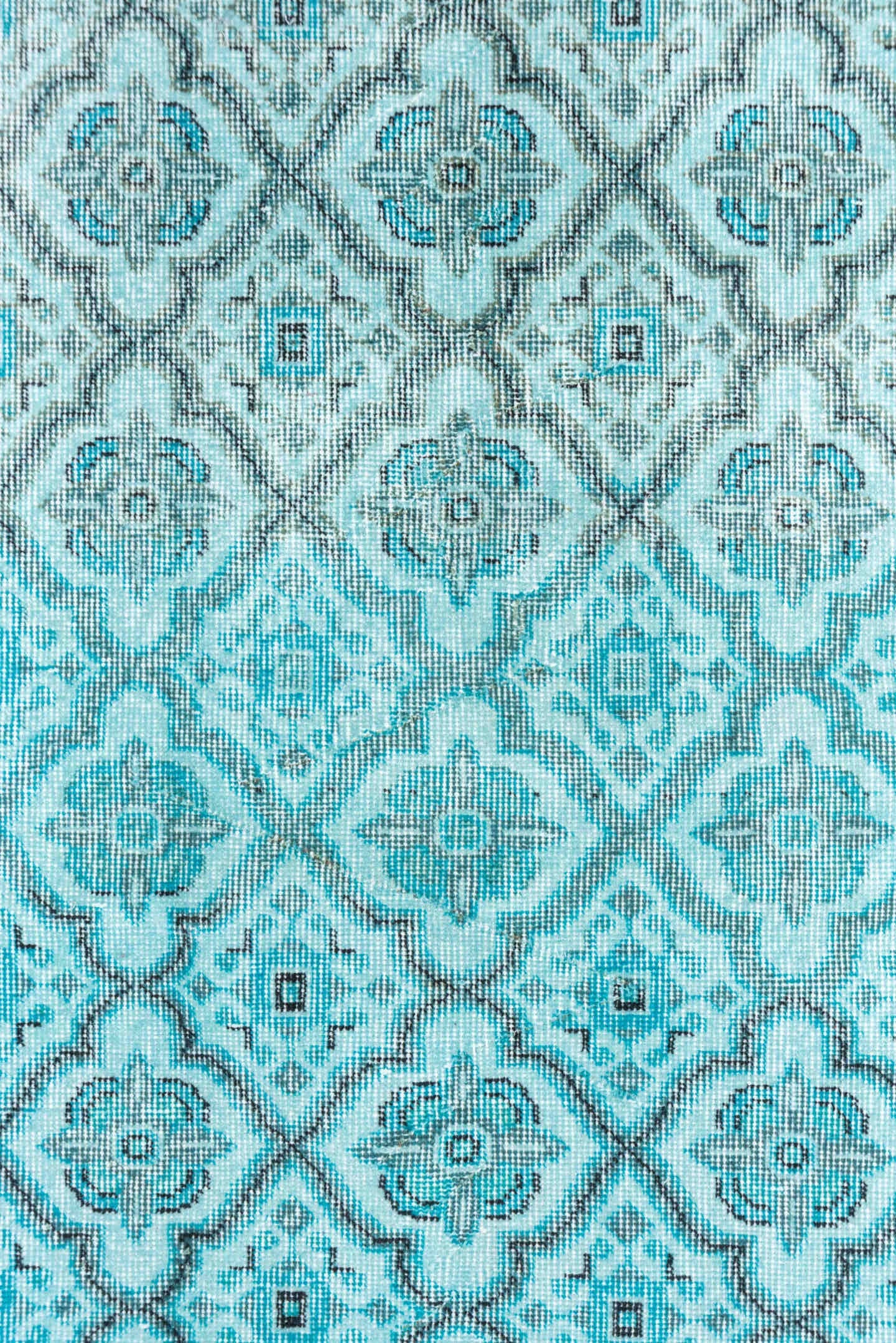 3' x 7' one-of-a-kind handmade vintage Overdyed rug. Color palette: aqua, ivory, teal, silver, charcoal, gray, black