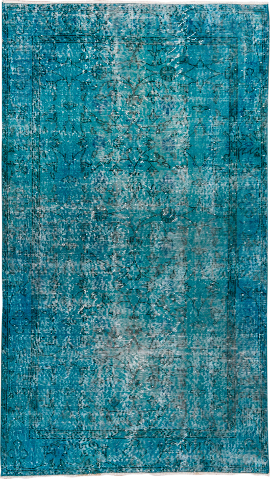 3' x 6' one-of-a-kind handmade vintage Overdyed small size rug. Color palette: turquoise, teal, aqua, ivory, charcoal, gray