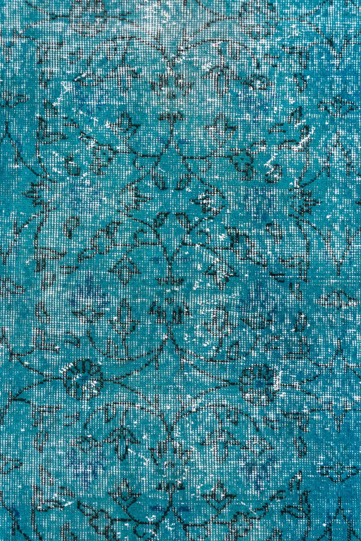 3' x 6' one-of-a-kind handmade vintage Overdyed small size rug. Color palette: turquoise, teal, aqua, ivory, charcoal, gray