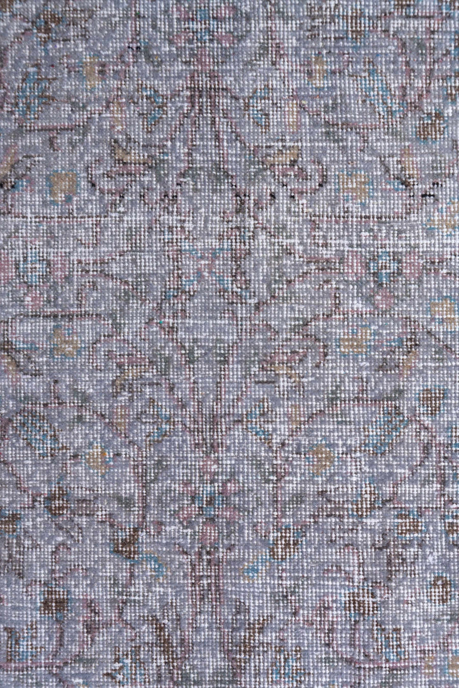 3' x 7' one-of-a-kind handmade vintage Overdyed rug. Color palette: blush, taupe, ivory, dusty rose, beige, pale blue, pink