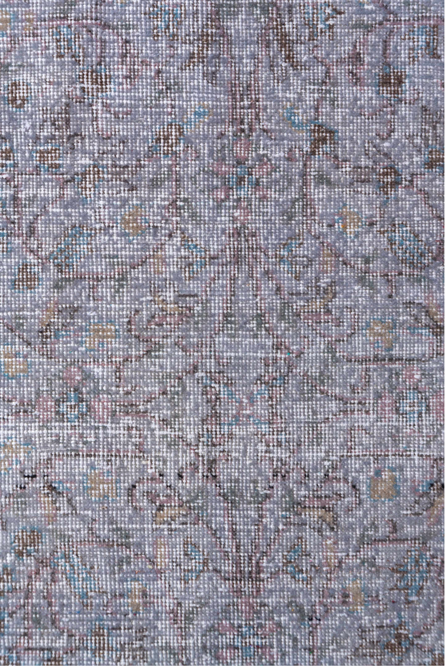 3' x 7' one-of-a-kind handmade vintage Overdyed rug. Color palette: dim gray, gray, light gray, off-white, silver