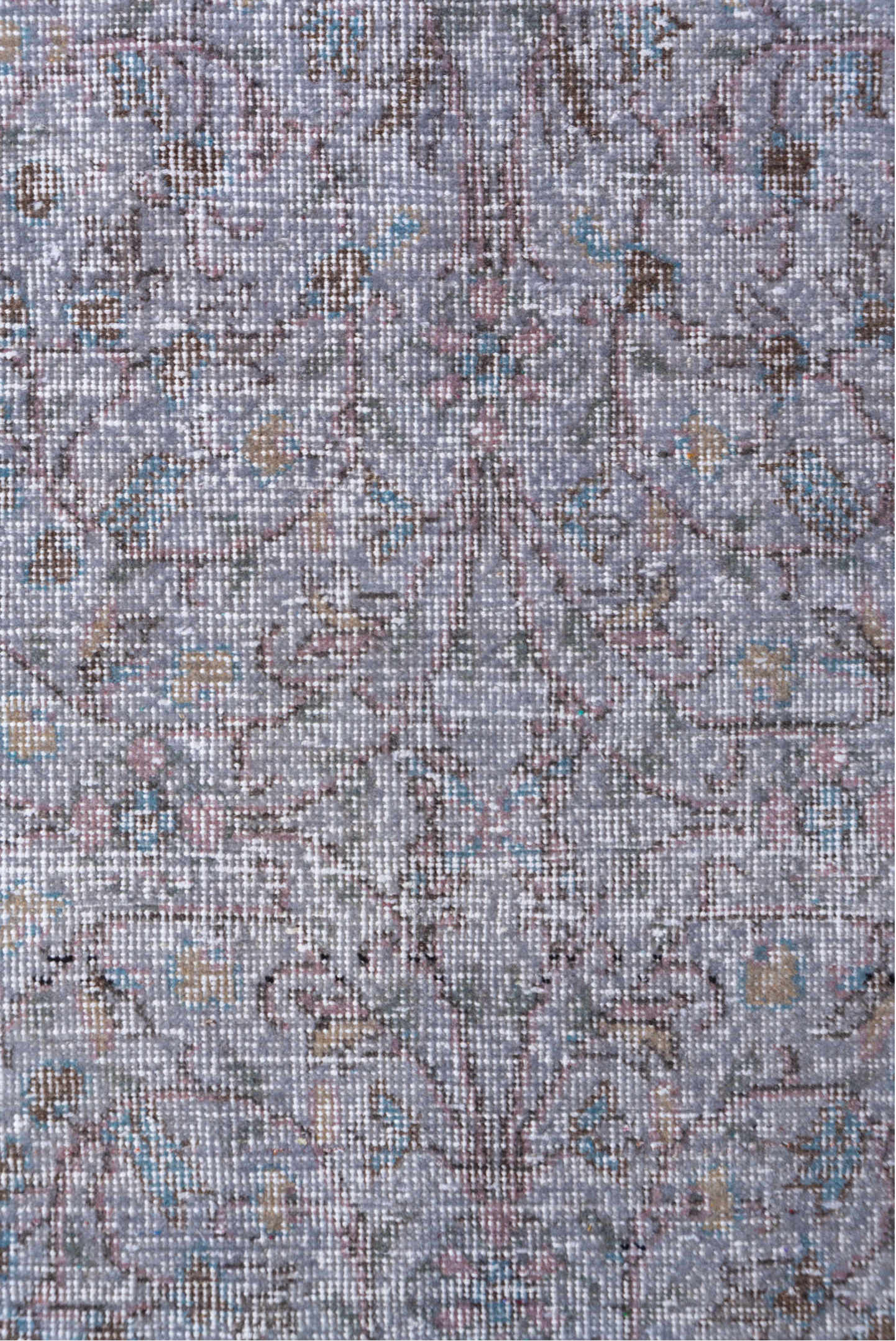 3' x 7' one-of-a-kind handmade vintage Overdyed rug. Color palette: blush, taupe, ivory, dusty rose, beige, pale blue, pink