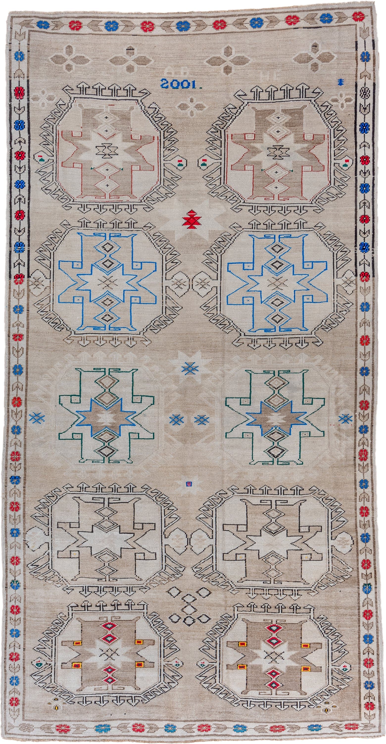 6' x 13' one-of-a-kind handmade vintage Kars large size rug. Color palette: ivory, taupe, cobalt, red, teal, charcoal
