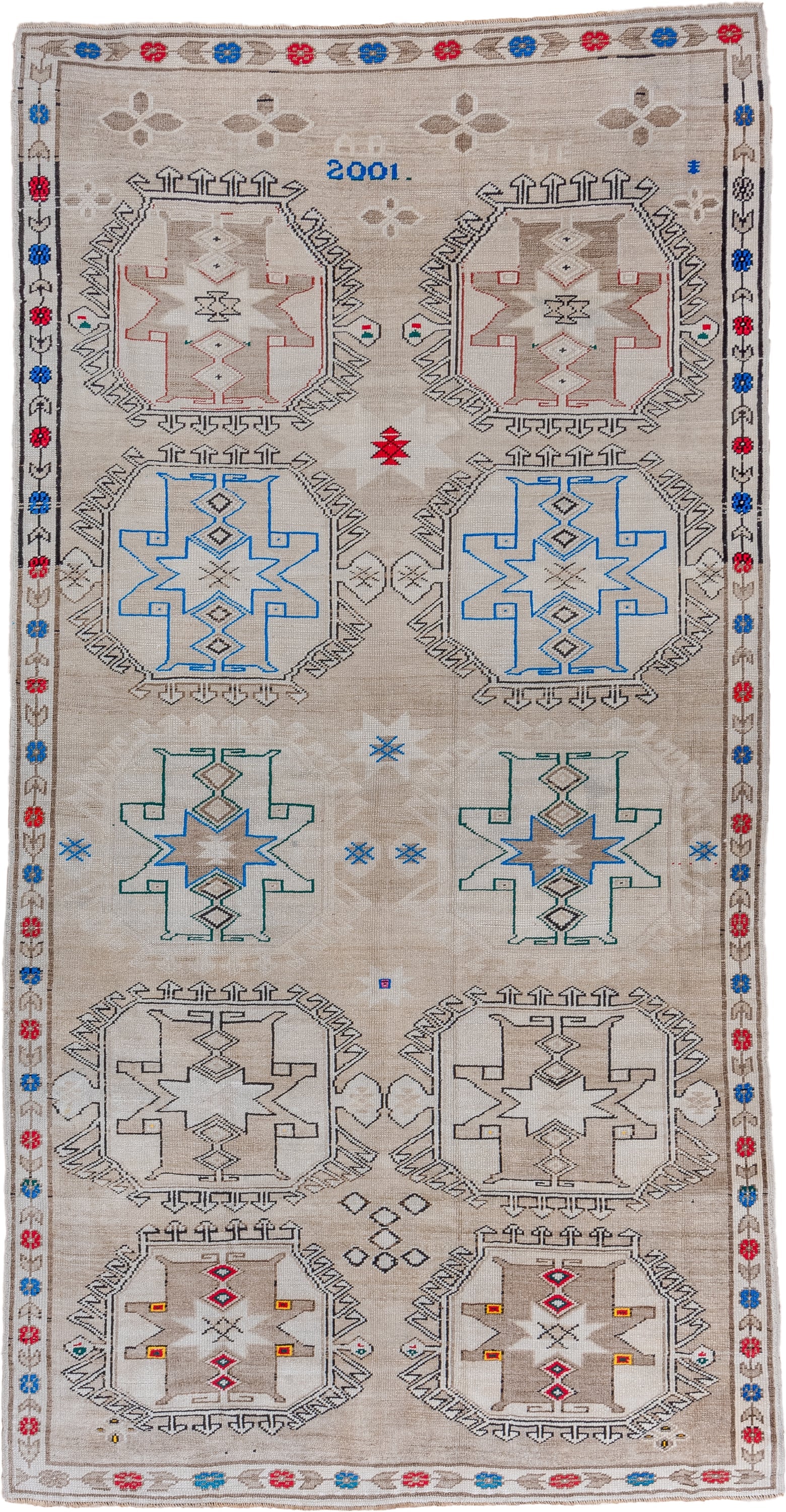 6' x 13' one-of-a-kind handmade vintage Kars large size rug. Color palette: ivory, taupe, cobalt, red, teal, charcoal