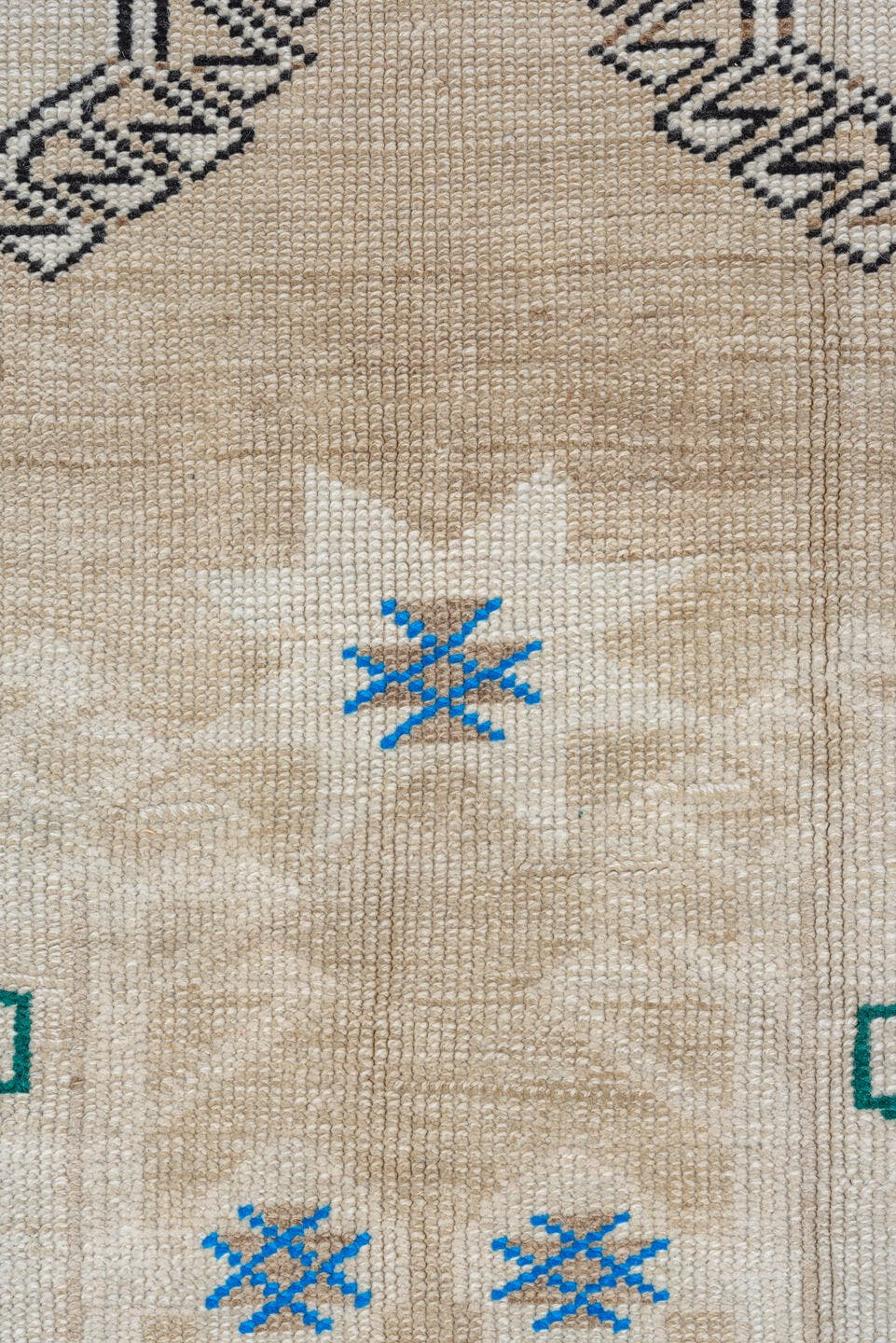6' x 13' one-of-a-kind handmade vintage Kars large size rug. Color palette: ivory, taupe, cobalt, red, teal, charcoal