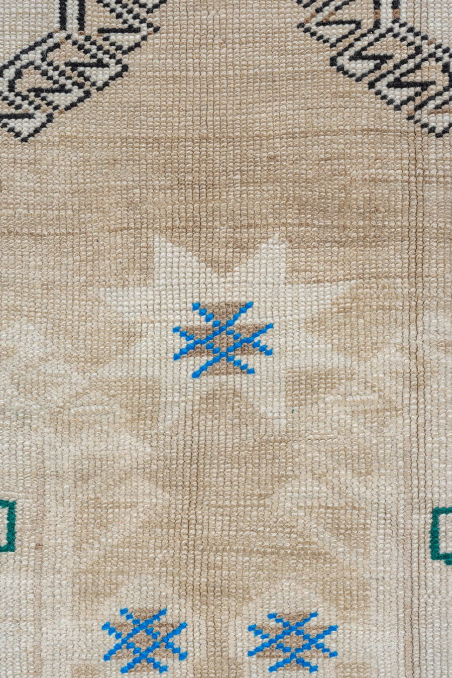 6' x 13' one-of-a-kind handmade vintage Kars large size rug. Color palette: ivory, taupe, cobalt, red, teal, charcoal
