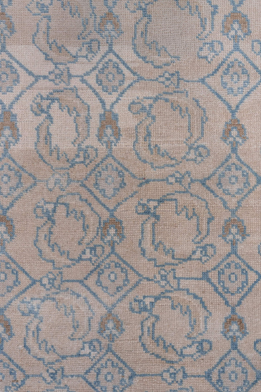 3' x 6' one-of-a-kind handmade vintage Oushak runner rug. Color palette: ivory, pale blue, beige, taupe, camel, light blue