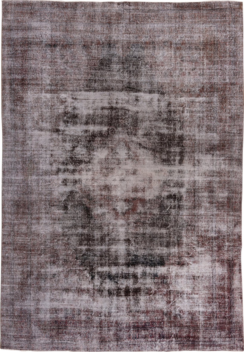 7' x 10' one-of-a-kind handmade vintage Overdyed large size rug. Color palette: black, brown, charcoal, dark gray, gainsboro