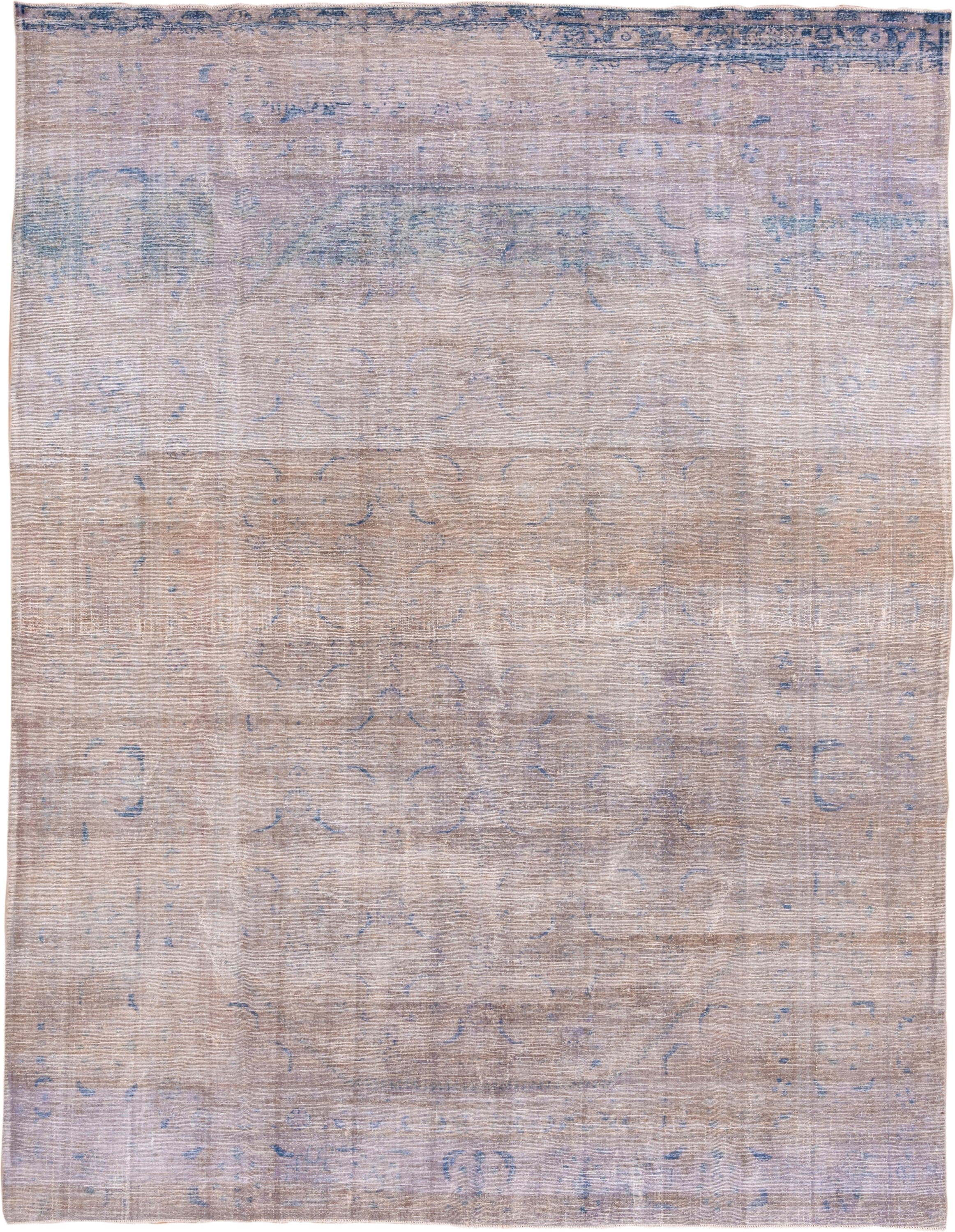 9' x 11' one-of-a-kind handmade vintage Overdyed large size rug. Color palette: blush, beige, powder blue, ivory, taupe