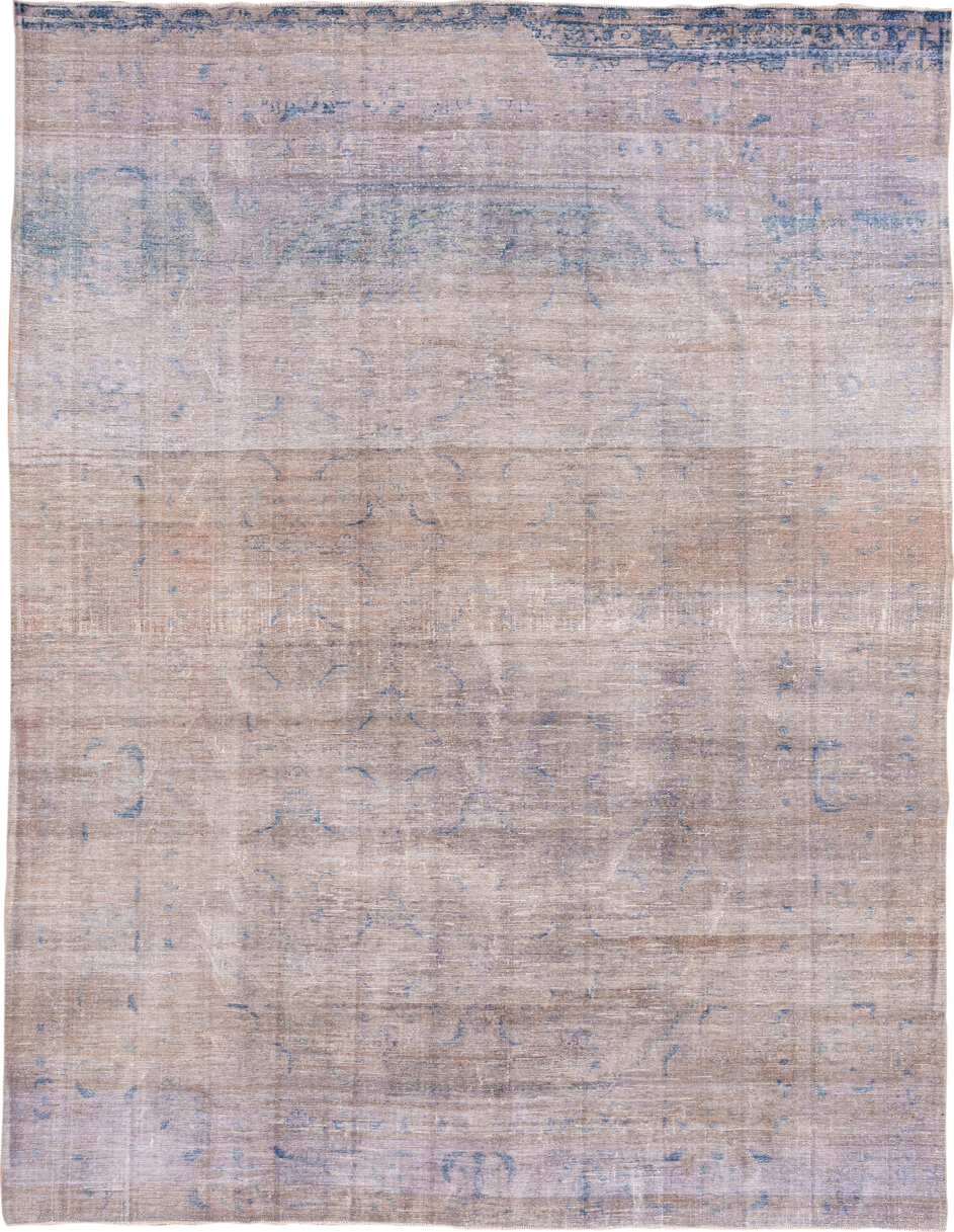 9' x 11' one-of-a-kind handmade vintage Overdyed large size rug. Color palette: blush, beige, powder blue, ivory, taupe