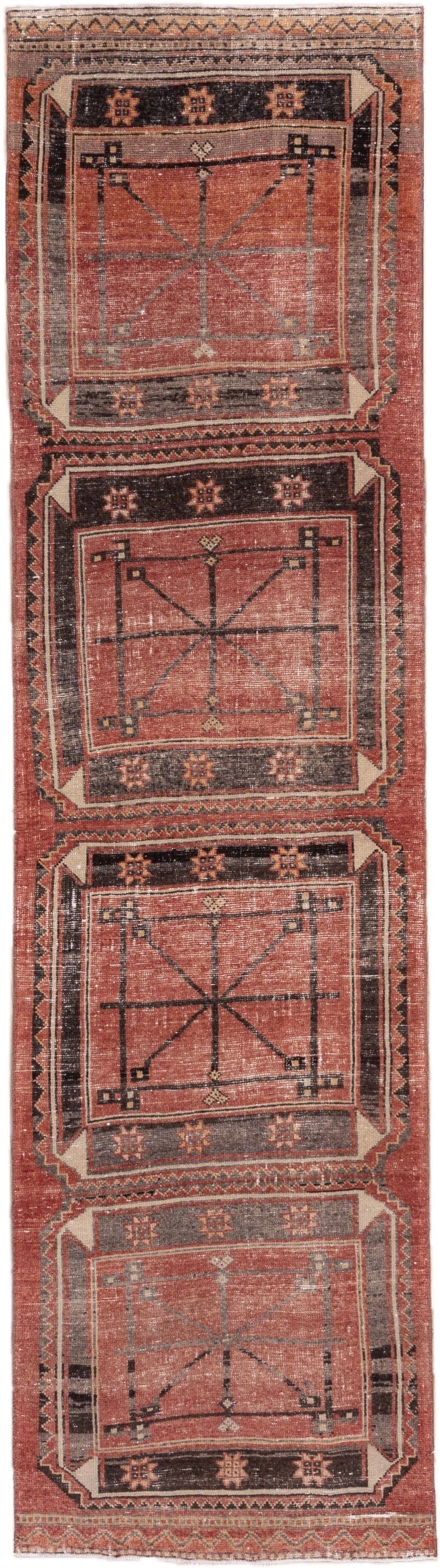 3' x 11' one-of-a-kind handmade vintage Oushak runner rug. Color palette: terra cotta, charcoal, ivory, rose, taupe, brown