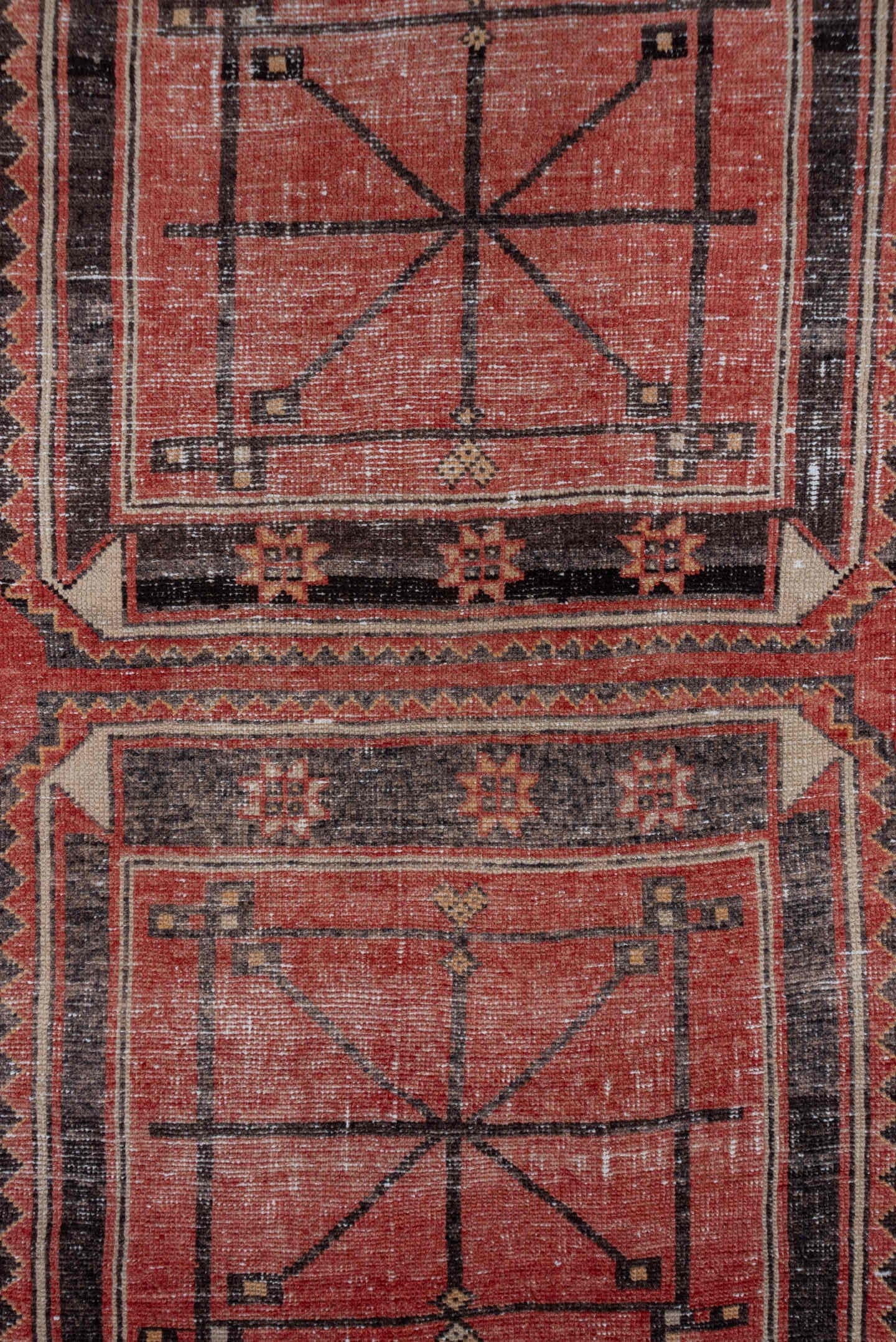 3' x 11' one-of-a-kind handmade vintage Oushak runner rug. Color palette: terra cotta, charcoal, ivory, rose, taupe, brown