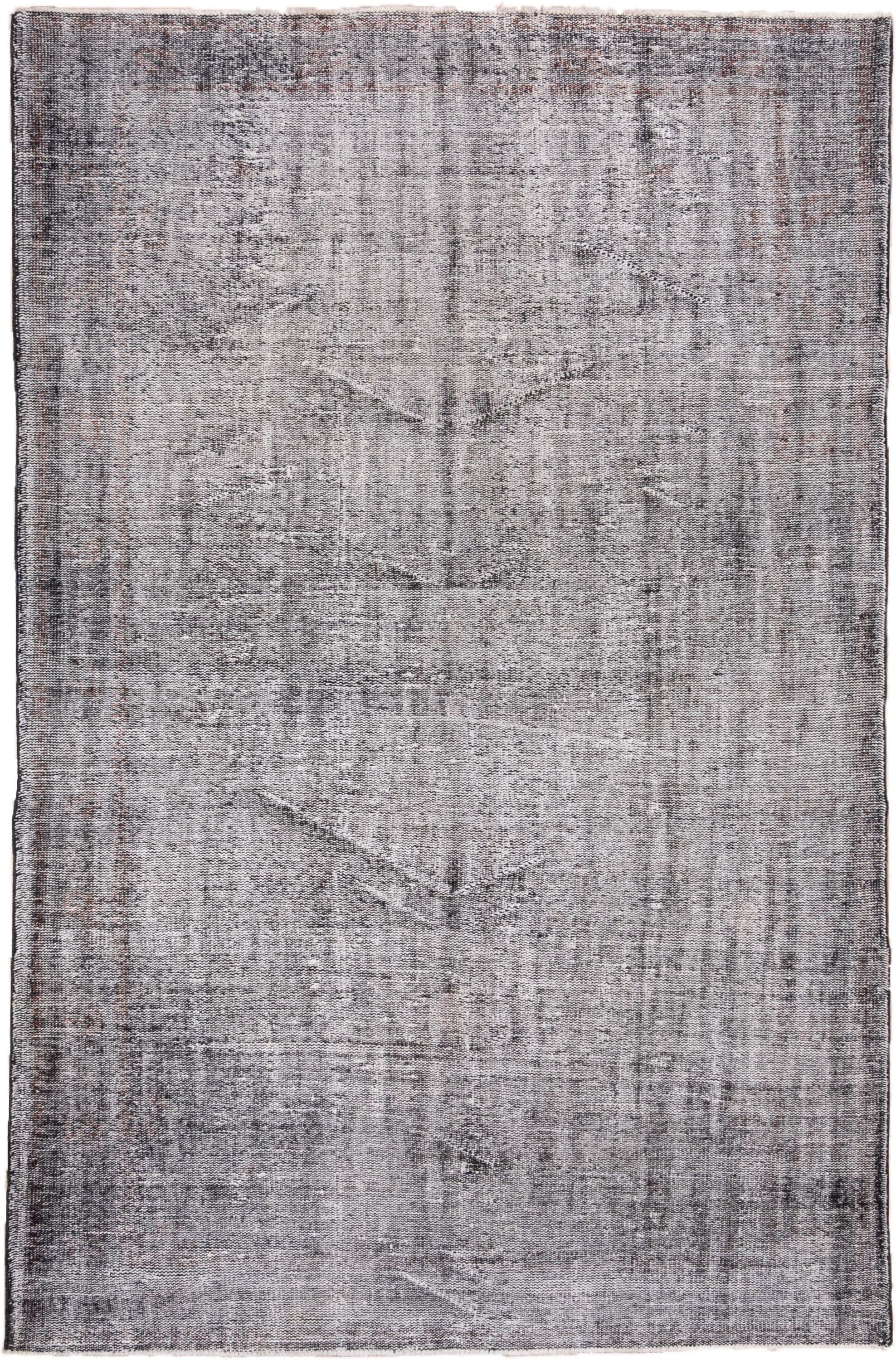 6' x 9' one-of-a-kind handmade vintage Overdyed medium size rug. Color palette: gray, charcoal, ivory, taupe, rose, black