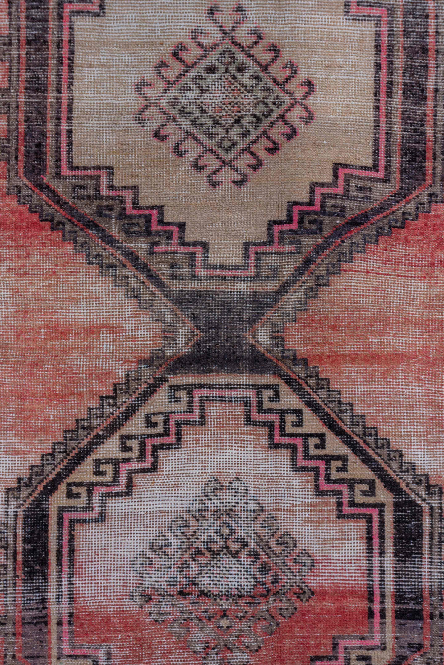 2' x 9' one-of-a-kind handmade vintage Oushak runner rug. Color palette: terra cotta, ivory, charcoal, rose, taupe, burgundy