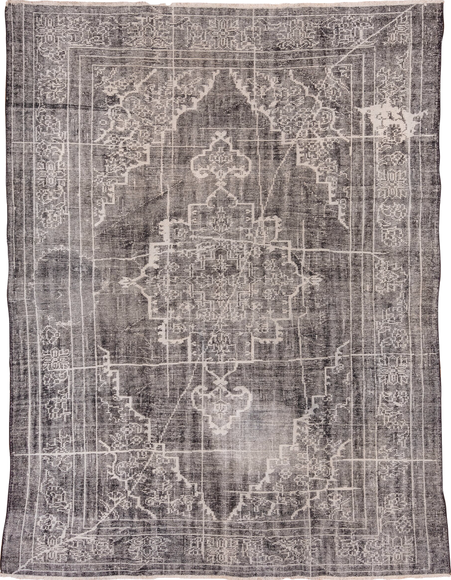 7' x 9' one-of-a-kind handmade vintage Overdyed rug. Color palette: black, charcoal, dark gray, gainsboro, gray, light gray