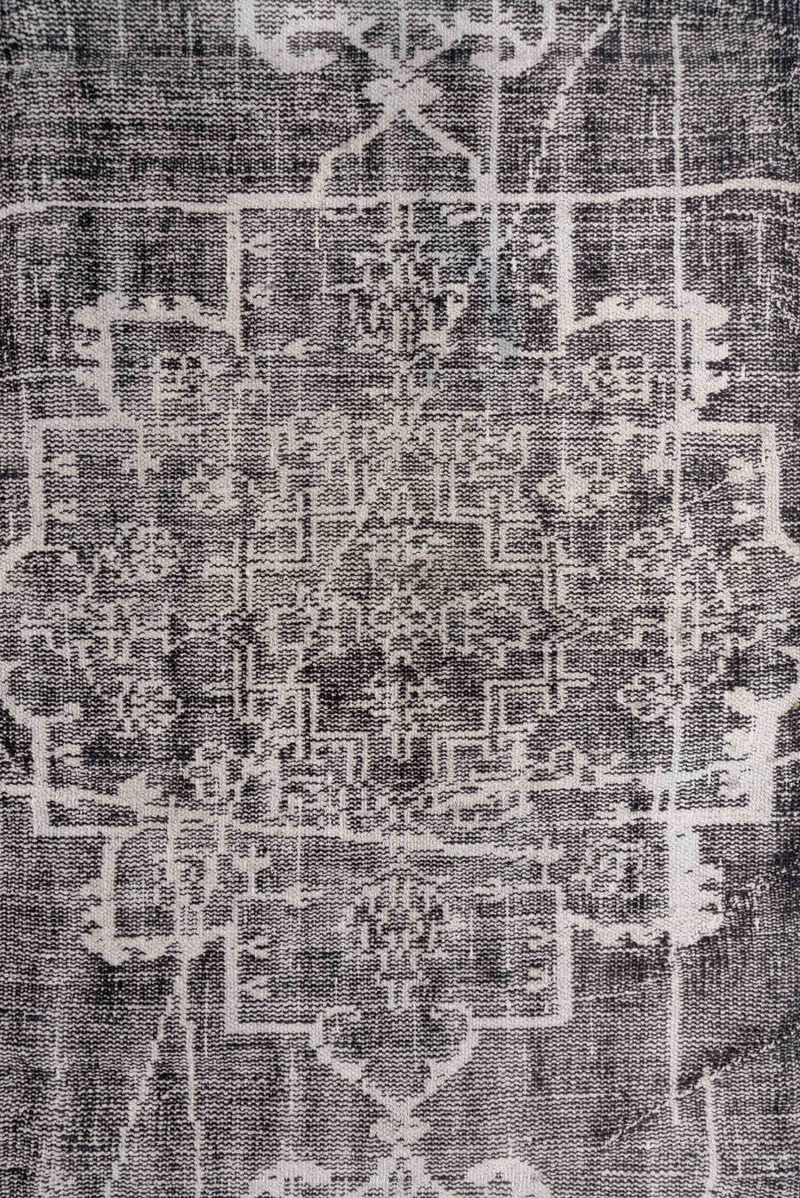 7' x 9' one-of-a-kind handmade vintage Overdyed rug. Color palette: charcoal, ivory, taupe, slate, gray, black, beige