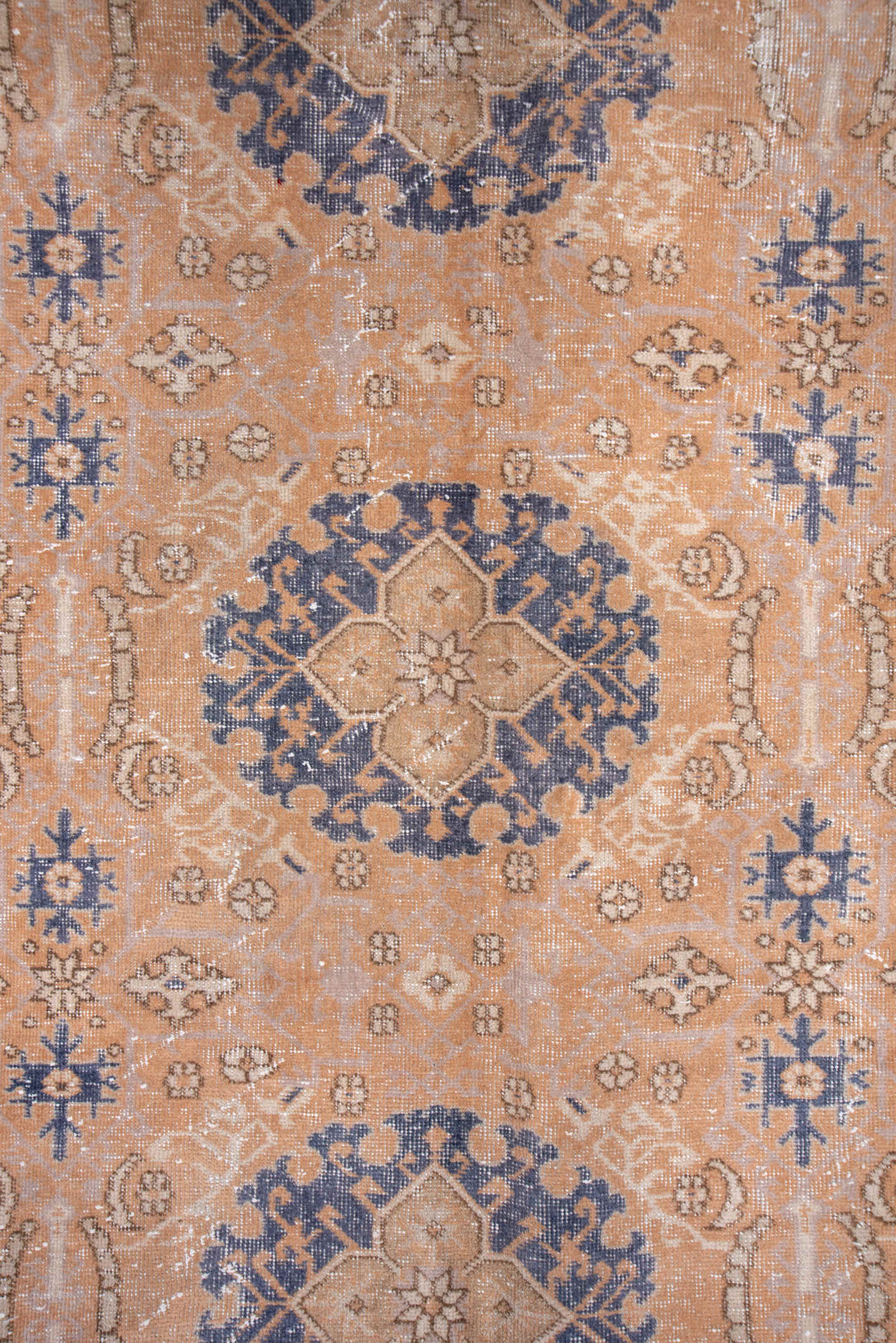 8' x 12' one-of-a-kind handmade vintage Oushak large size rug. Color palette: peach, ivory, slate blue, blush, taupe, camel