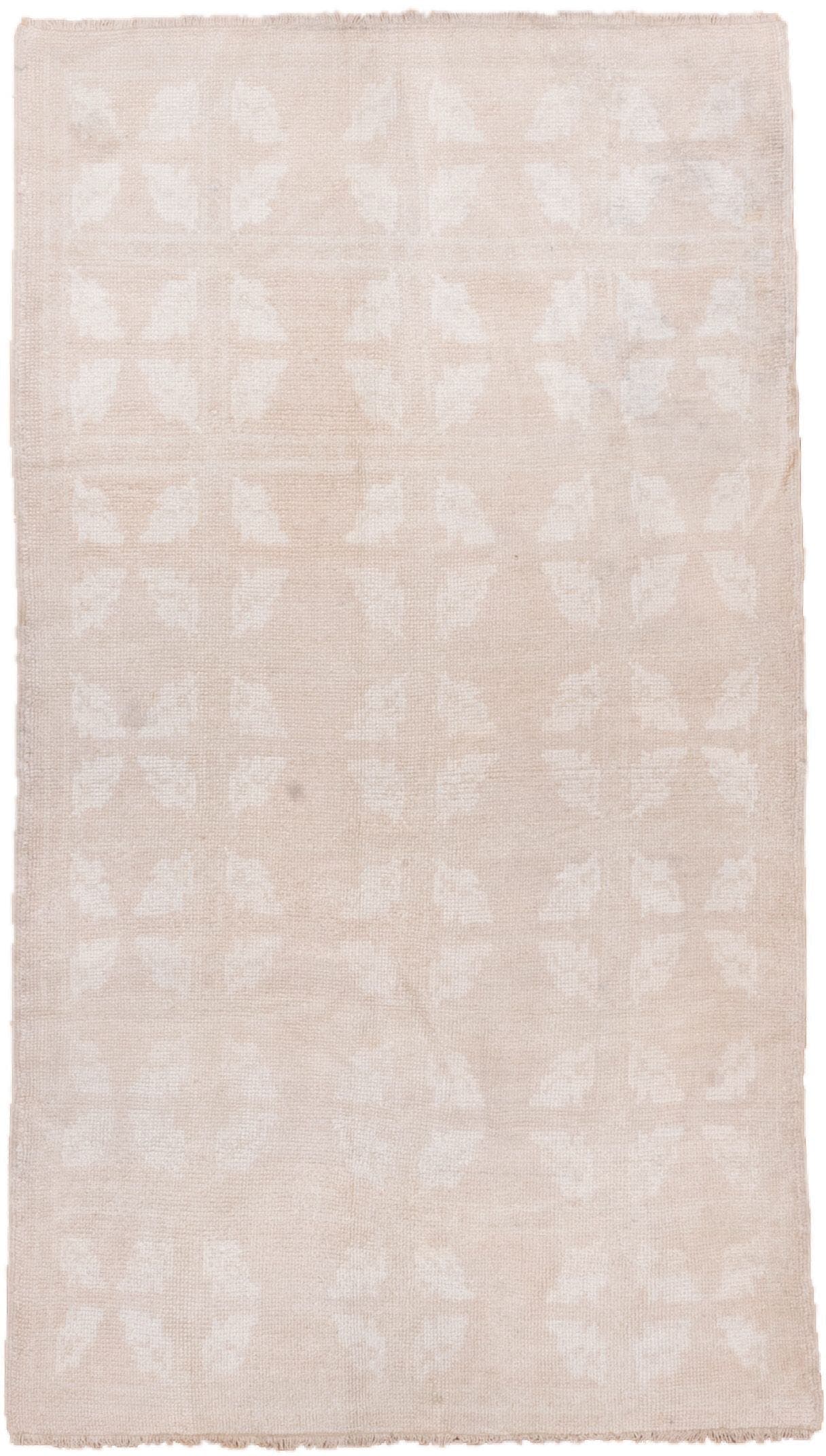 3' x 6' one-of-a-kind handmade vintage Oushak small size rug. Color palette: blush, ivory, cream, taupe, pink, beige, gray