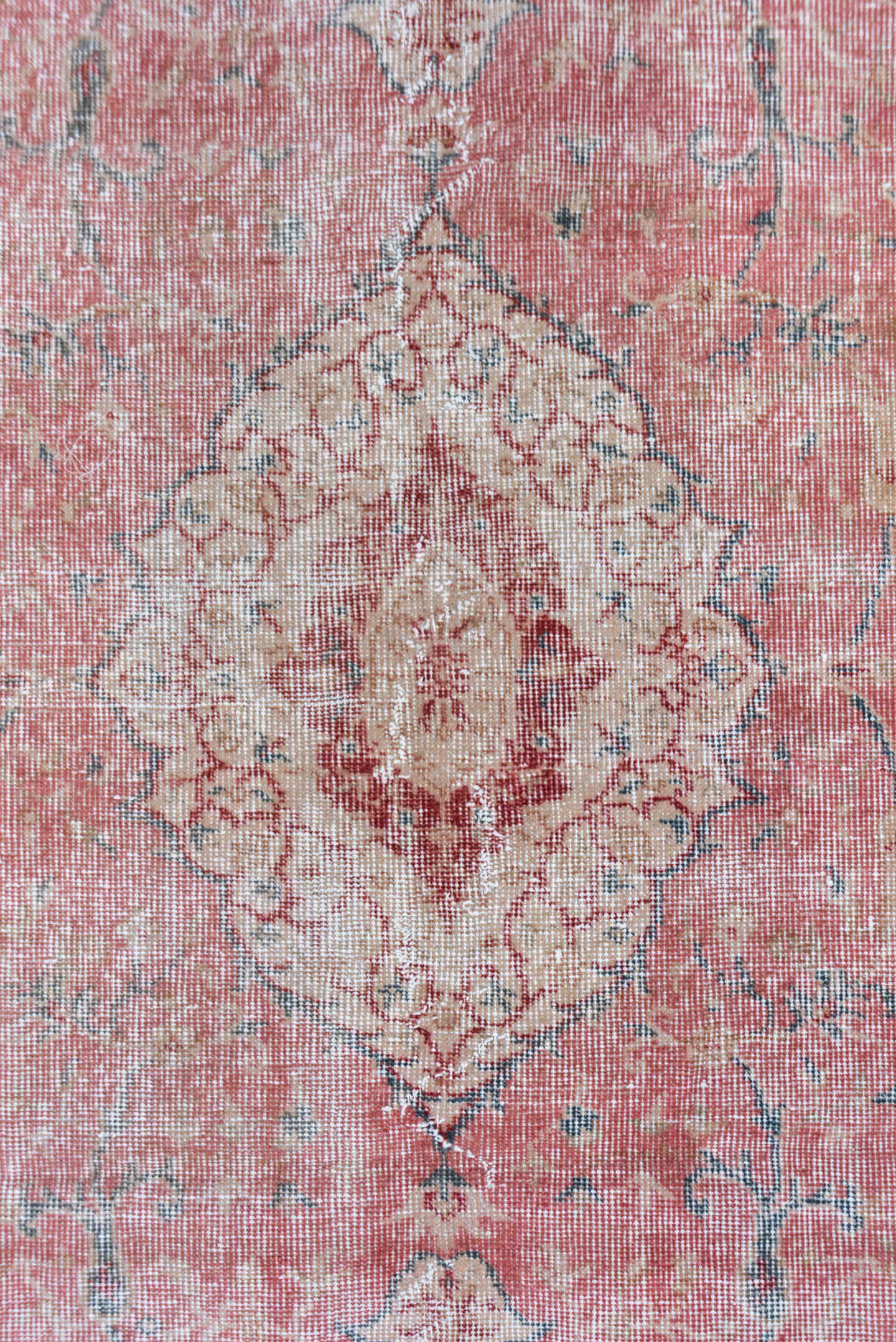 4' x 6' one-of-a-kind handmade vintage Oushak small size rug. Color palette: rose, ivory, dusty blue, blush, gold, taupe
