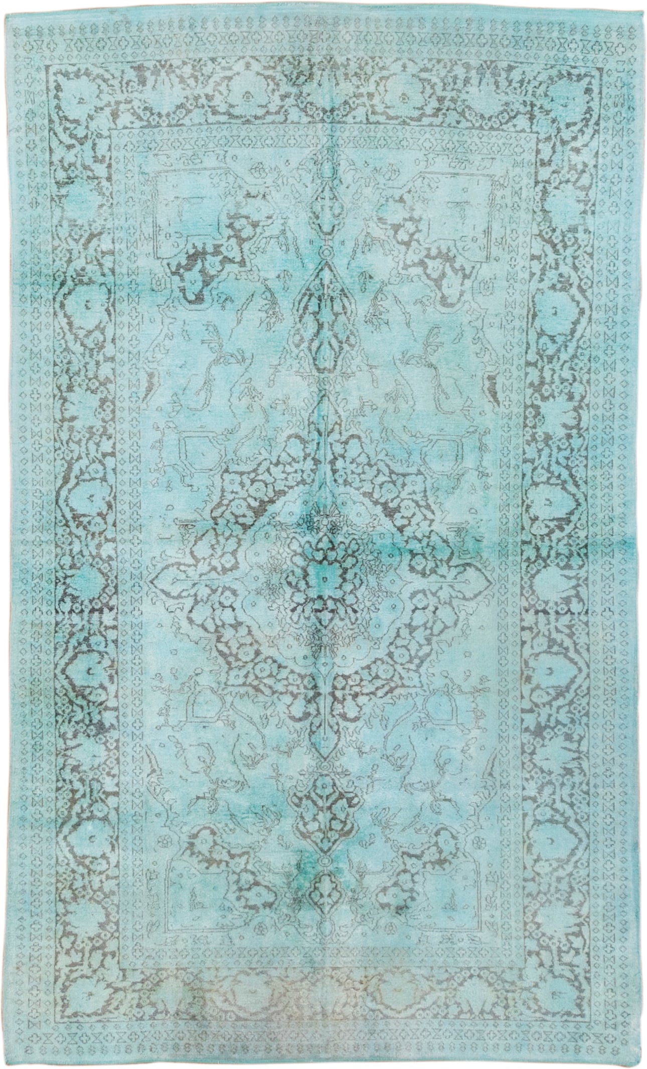 4' x 7' one-of-a-kind handmade vintage Overdyed rug. Color palette: aqua, ivory, silver, taupe, gray, teal, beige