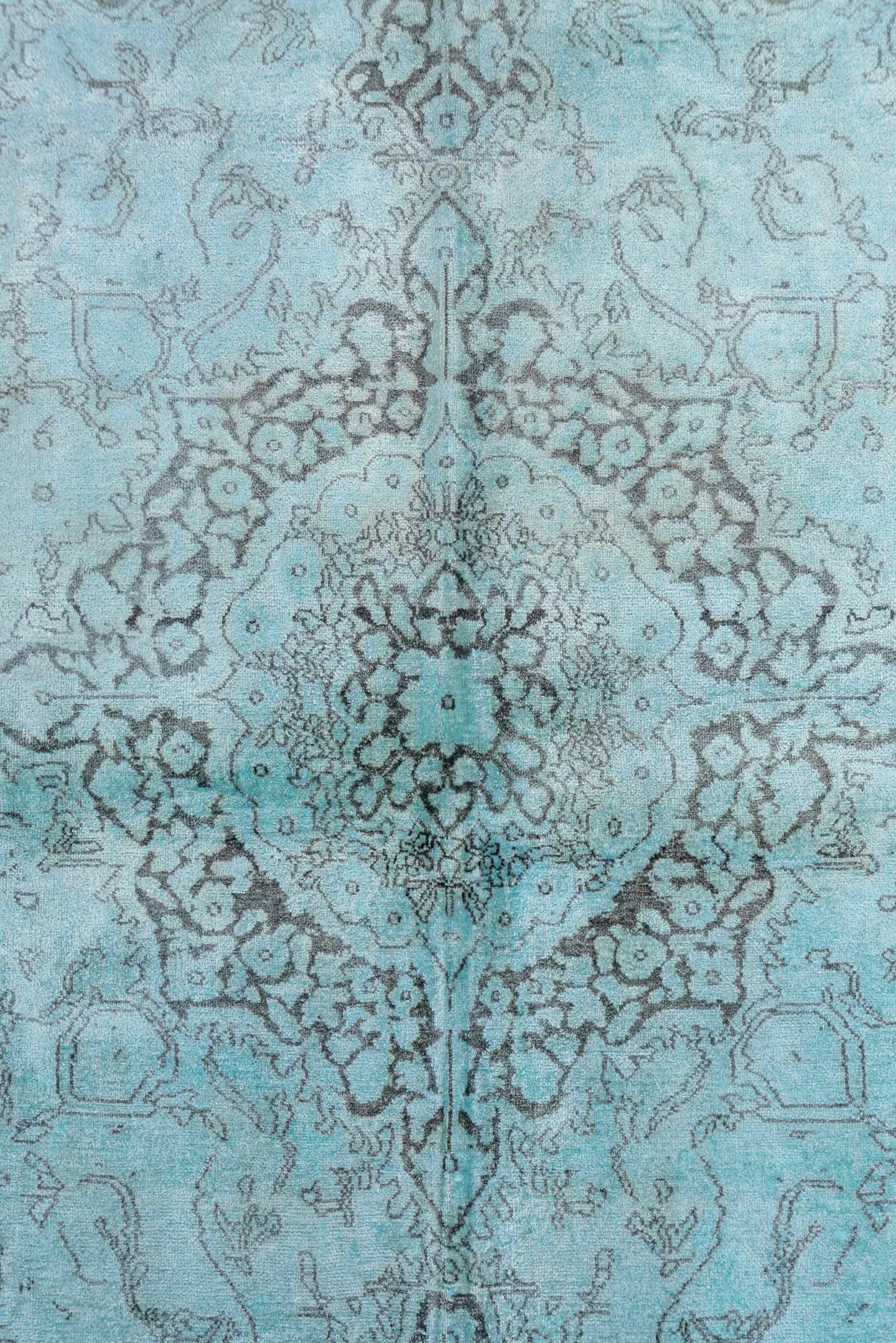 4' x 7' one-of-a-kind handmade vintage Overdyed rug. Color palette: aqua, ivory, silver, taupe, gray, teal, beige