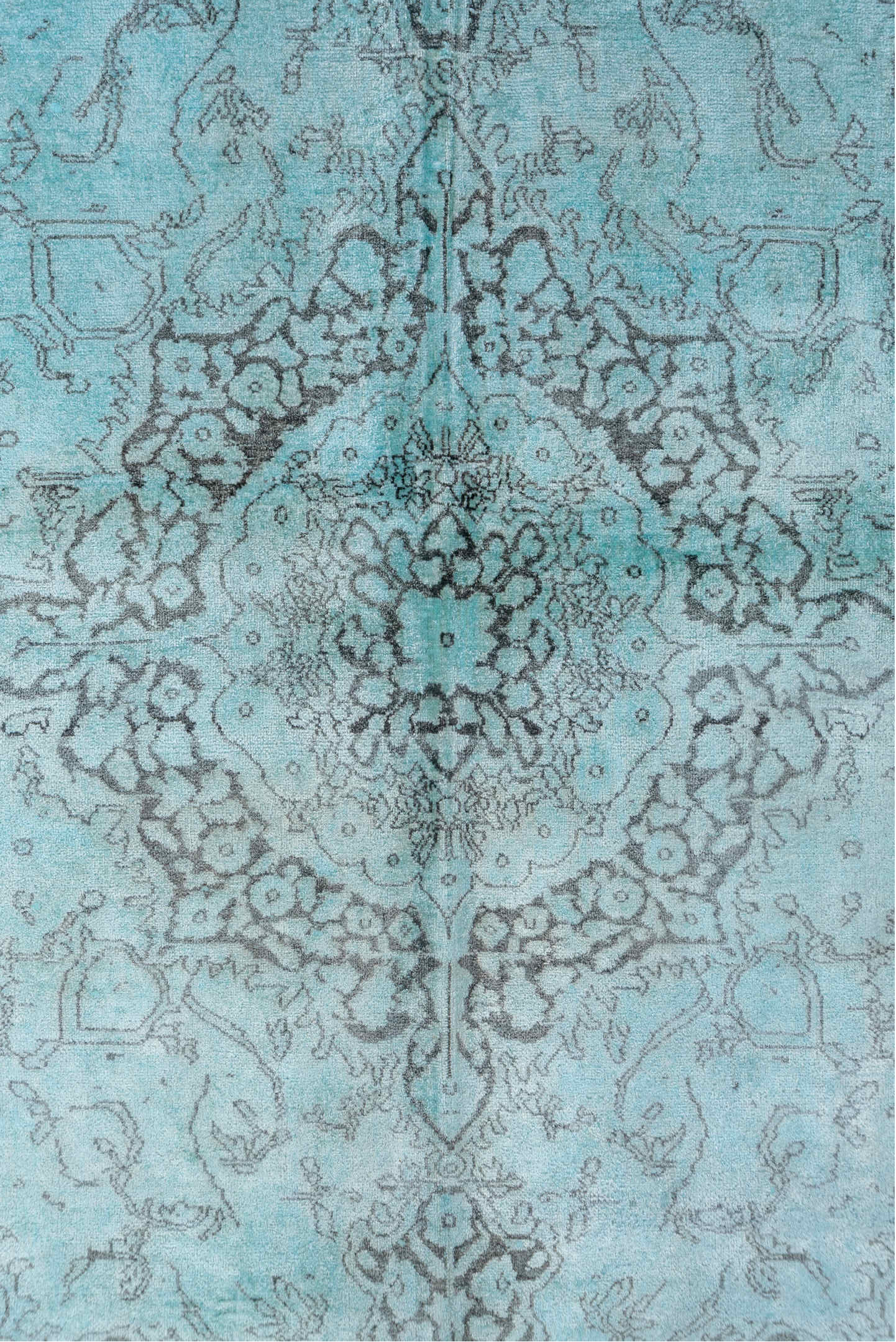 4' x 7' one-of-a-kind handmade vintage Overdyed rug. Color palette: blue, cadet blue, gray, green, light blue, light gray